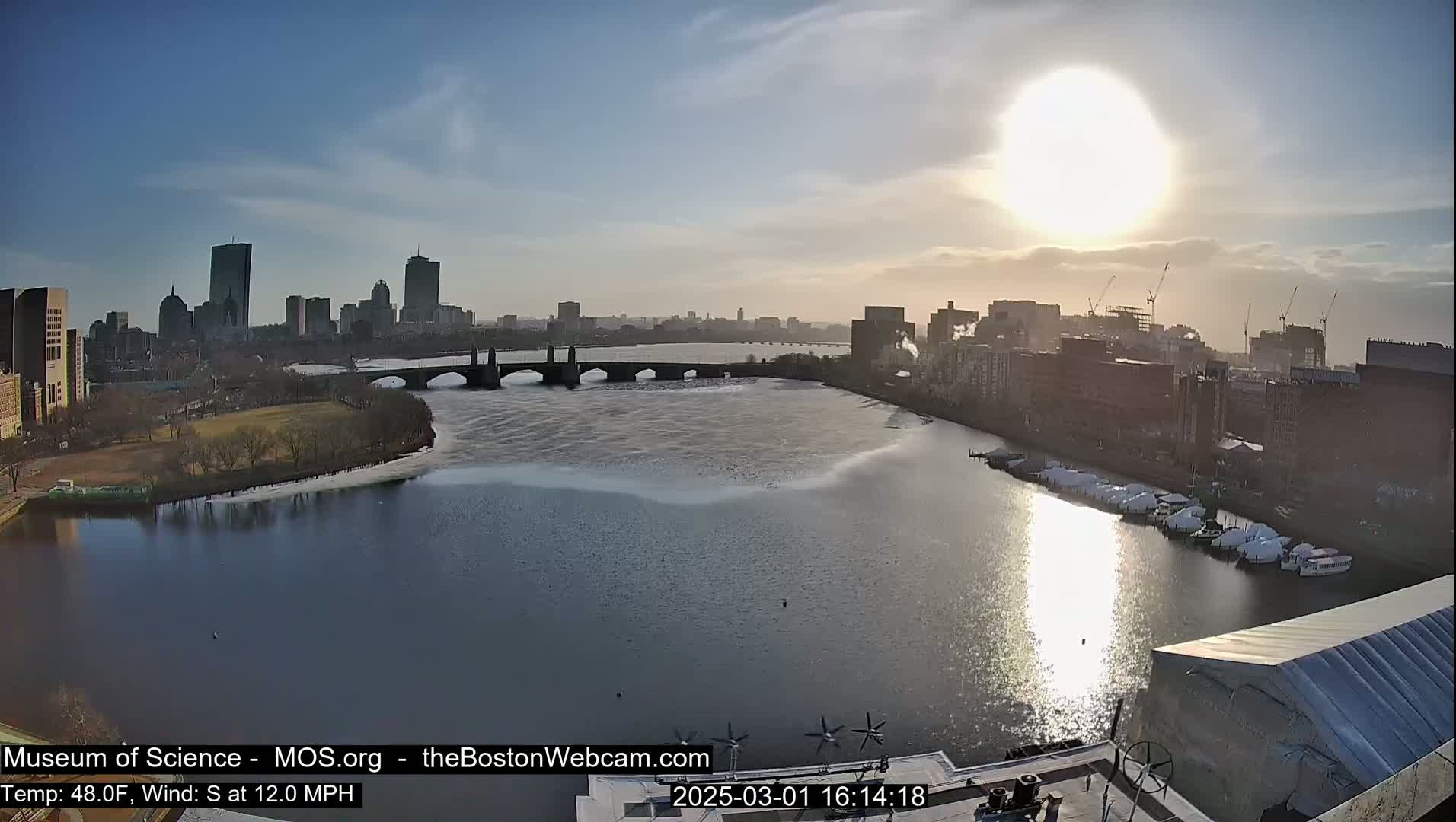 A sunny, but breezy day shows a city skyline across a partially frozen river with boats docked along the shore.