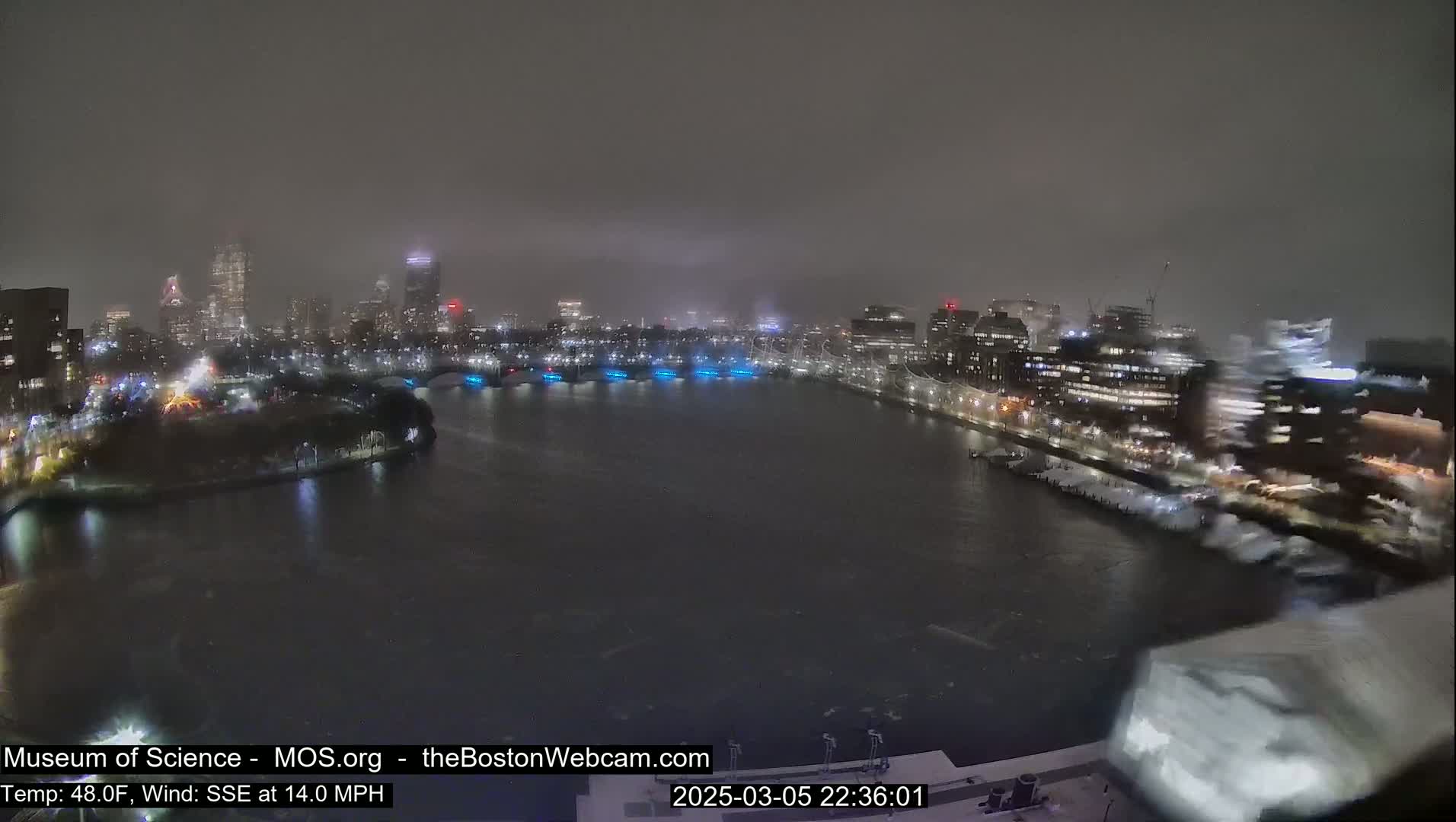 A nighttime view of a city skyline across a dark, snow-swept river, under heavy snowfall with a 14 mph wind.