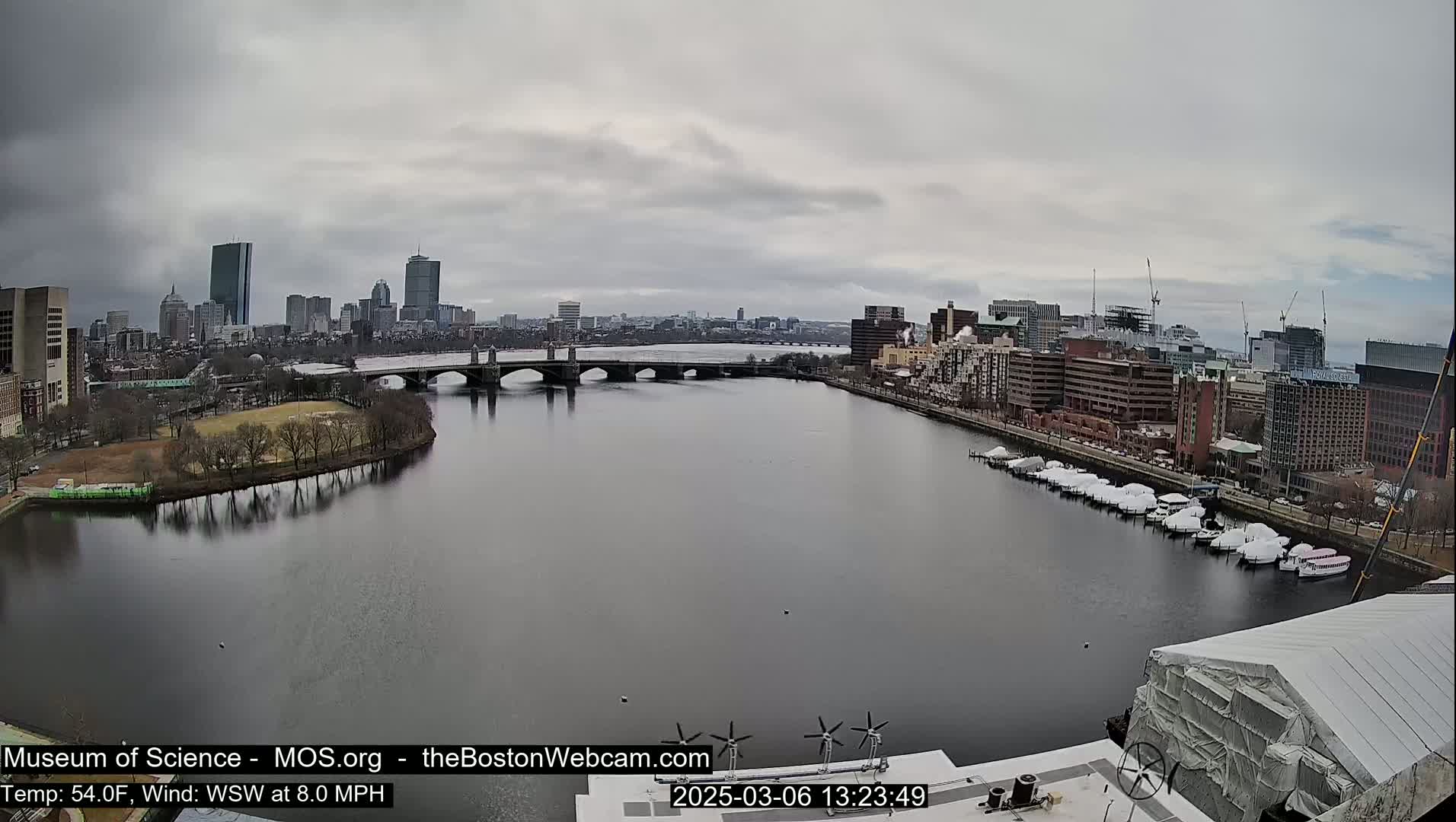 A city skyline is visible across a wide river under an overcast sky, with a bridge spanning the river and boats docked along the shore.
