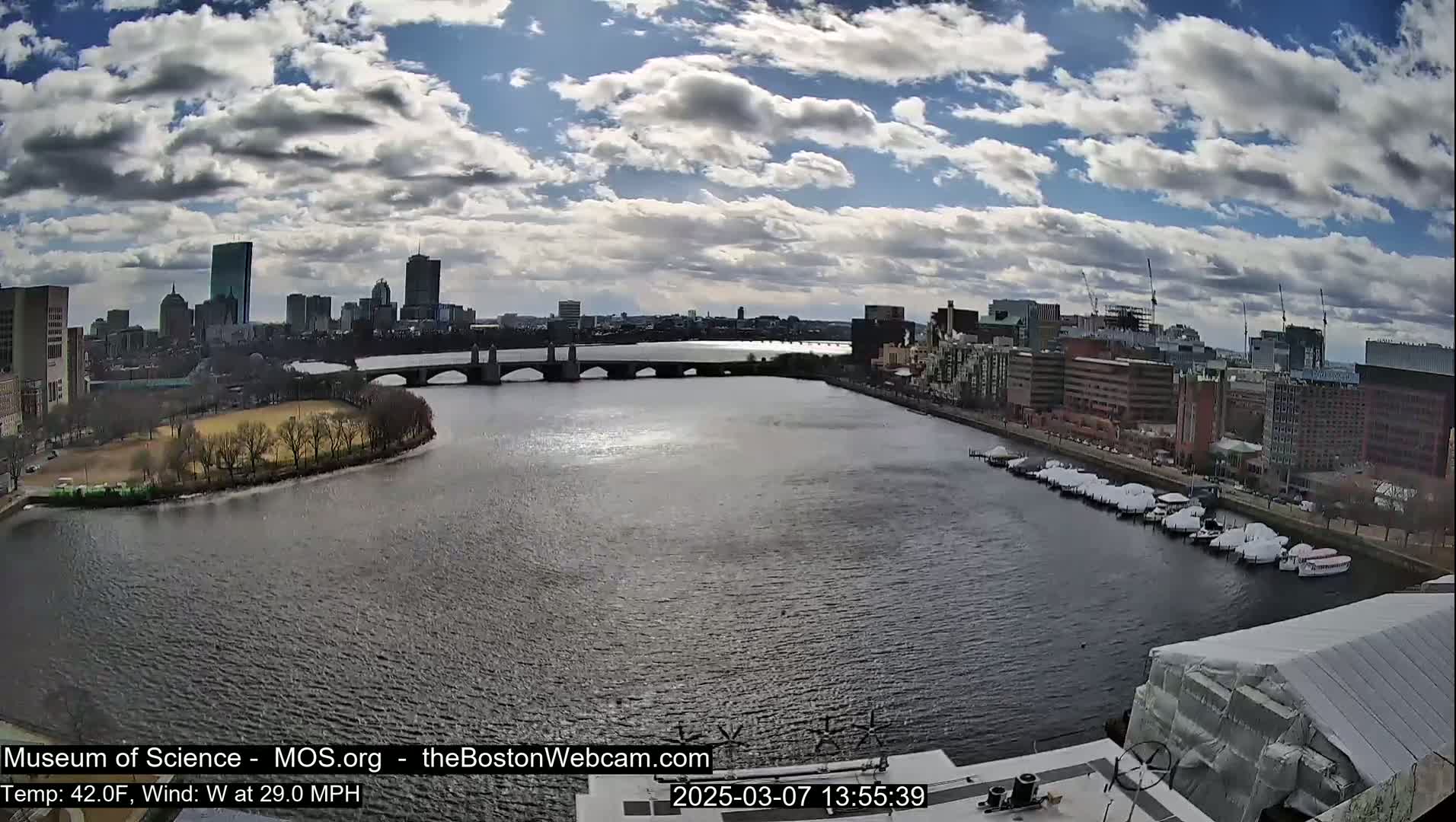 A partly cloudy day with a 29 mph west wind shows a cityscape across a river with a bridge, boats docked along the shore, and a large park on an island in the river.