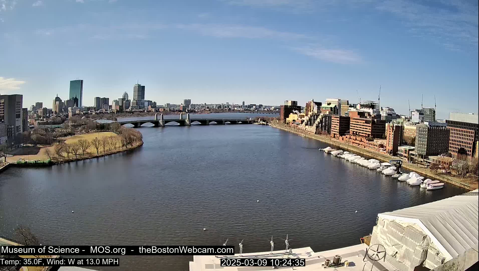 A sunny day reveals a cityscape across a river, with a bridge connecting the foreground to a skyline of skyscrapers, boats docked along the waterfront, and a park on the riverbank.