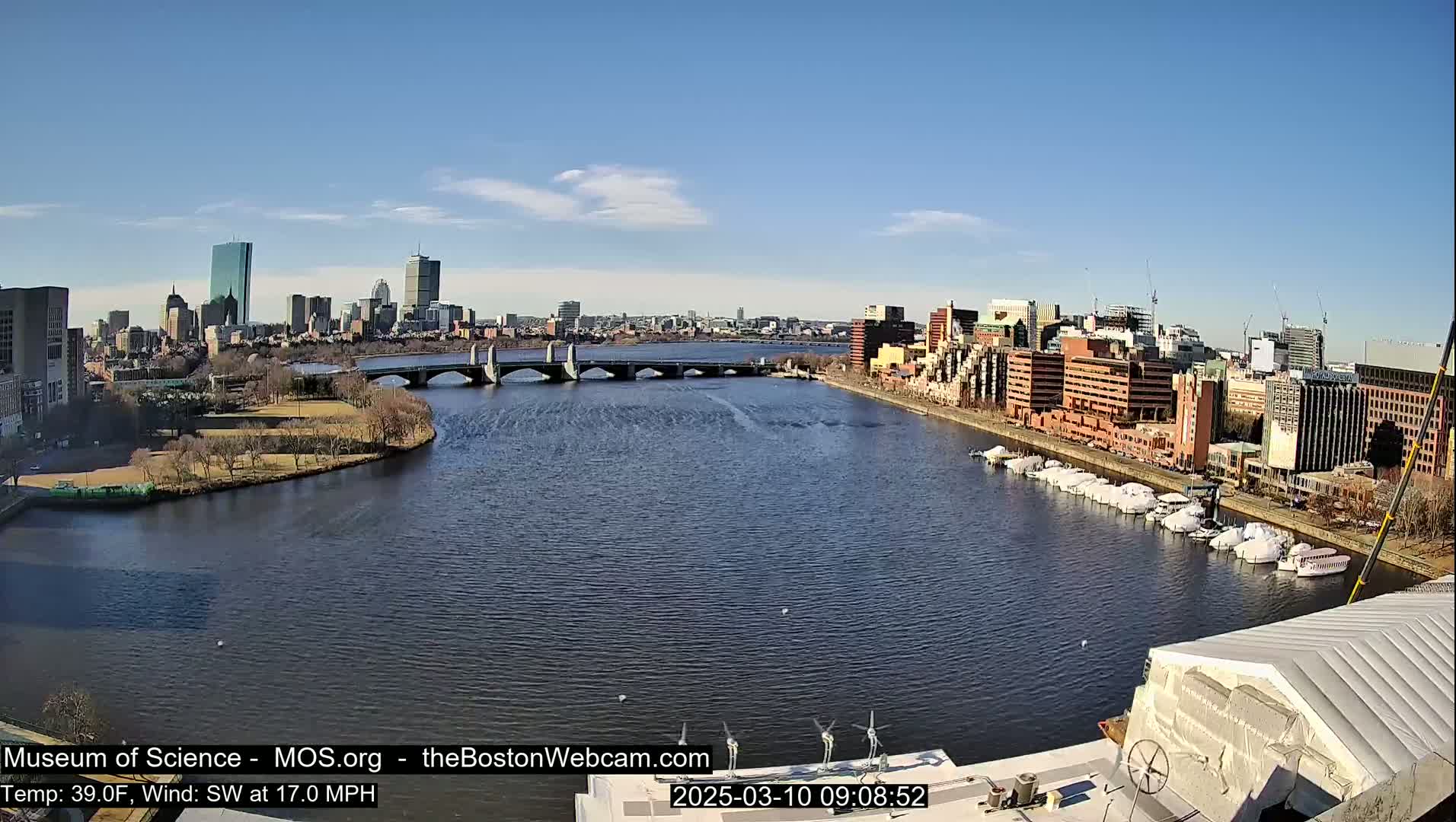 A river flows past a city skyline on a sunny day with a southwest wind at 17 mph.
