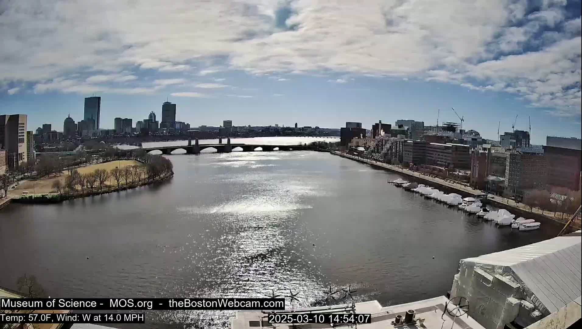 A partly sunny cityscape with a river, bridge, and boats is viewed from a high vantage point; a moderate wind is blowing.