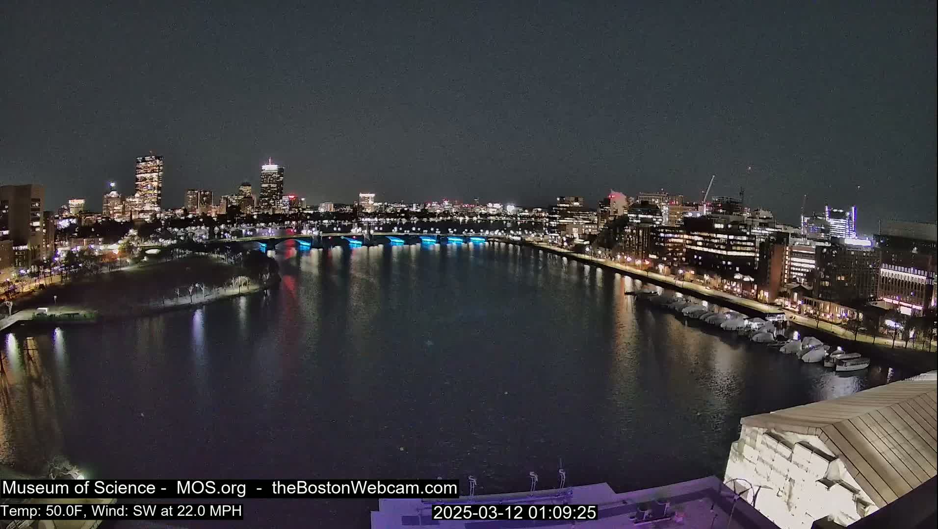 A nighttime view of a city skyline across a body of water, with a bridge illuminated in blue, under a dark sky and a southwest wind of 22 mph.