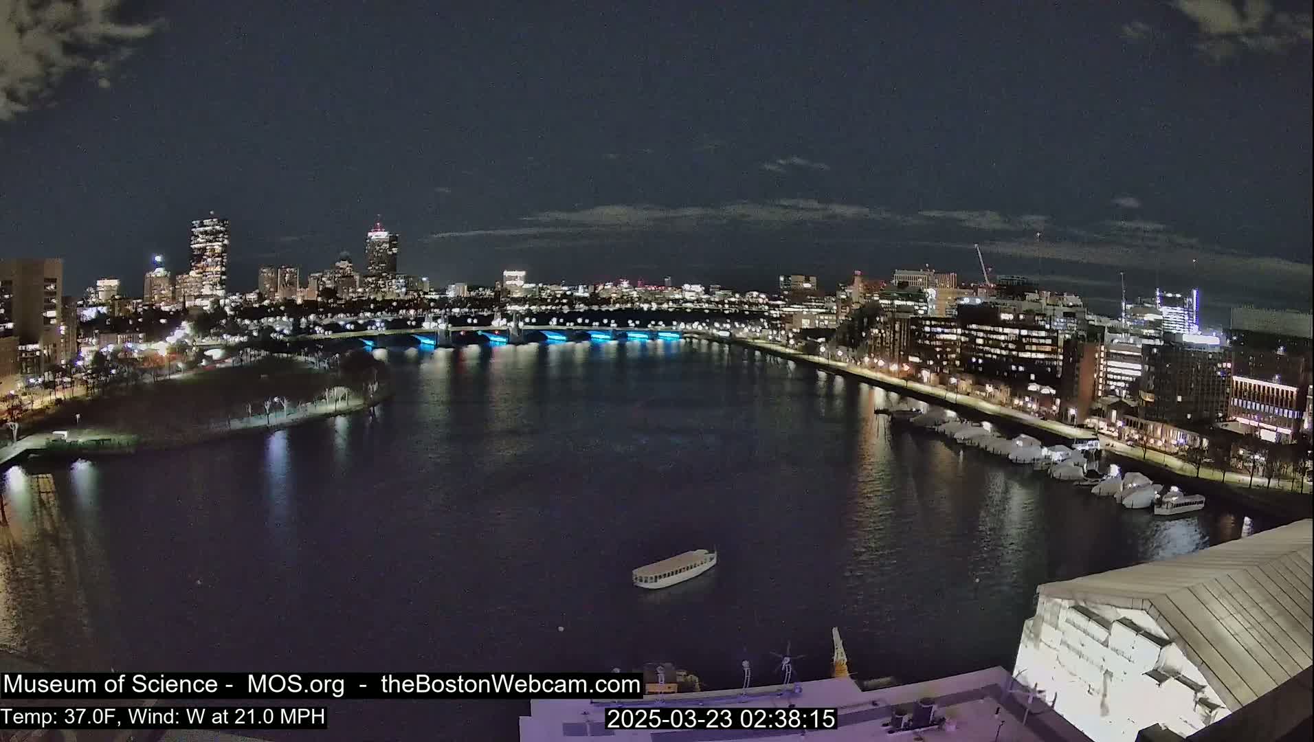 A nighttime view of a city skyline across a dark river, with a boat on the water and a building under construction in the foreground, under a partly cloudy sky with a 37°F temperature and 21 mph west wind.