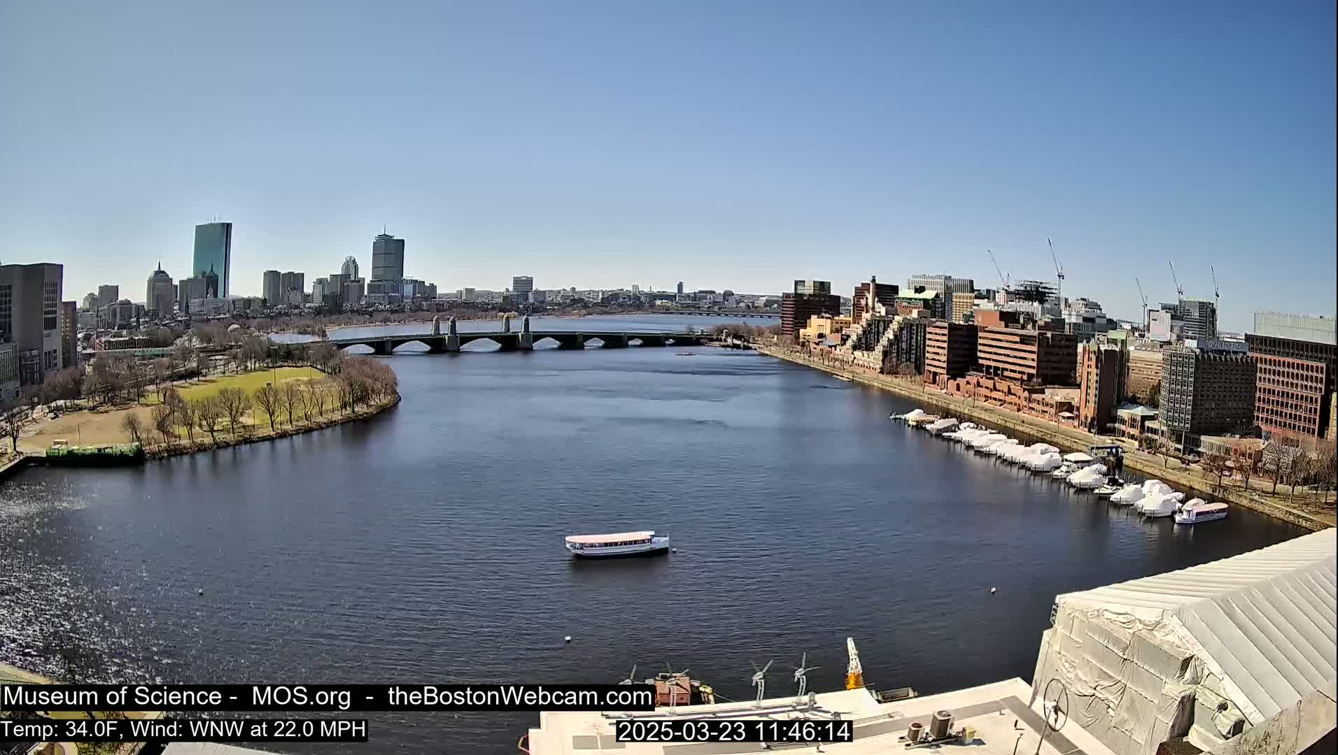 A long shot of a city skyline across a river on a sunny day with a 22 mph wind, showing a bridge, boats docked along the shore, and a small boat on the water.