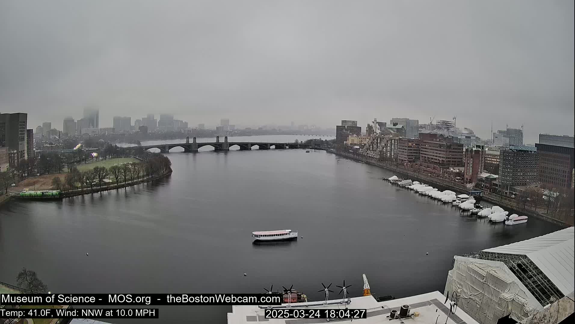 A wide shot shows a gray, overcast day over a city river with a bridge, boats, and buildings lining the shoreline.
