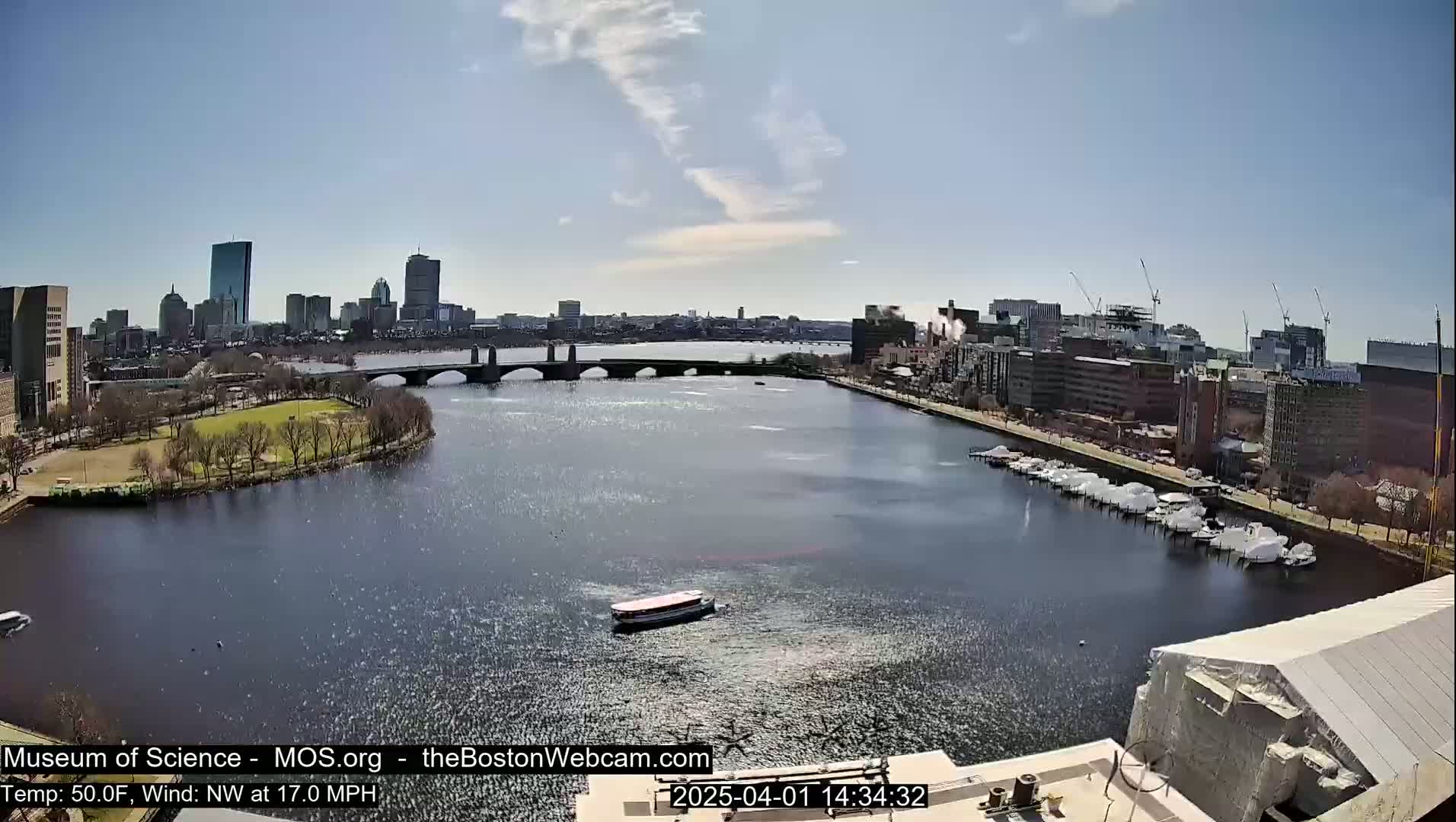 A city skyline with several bridges and a river is visible on a sunny day with a northwest wind of 17 mph.