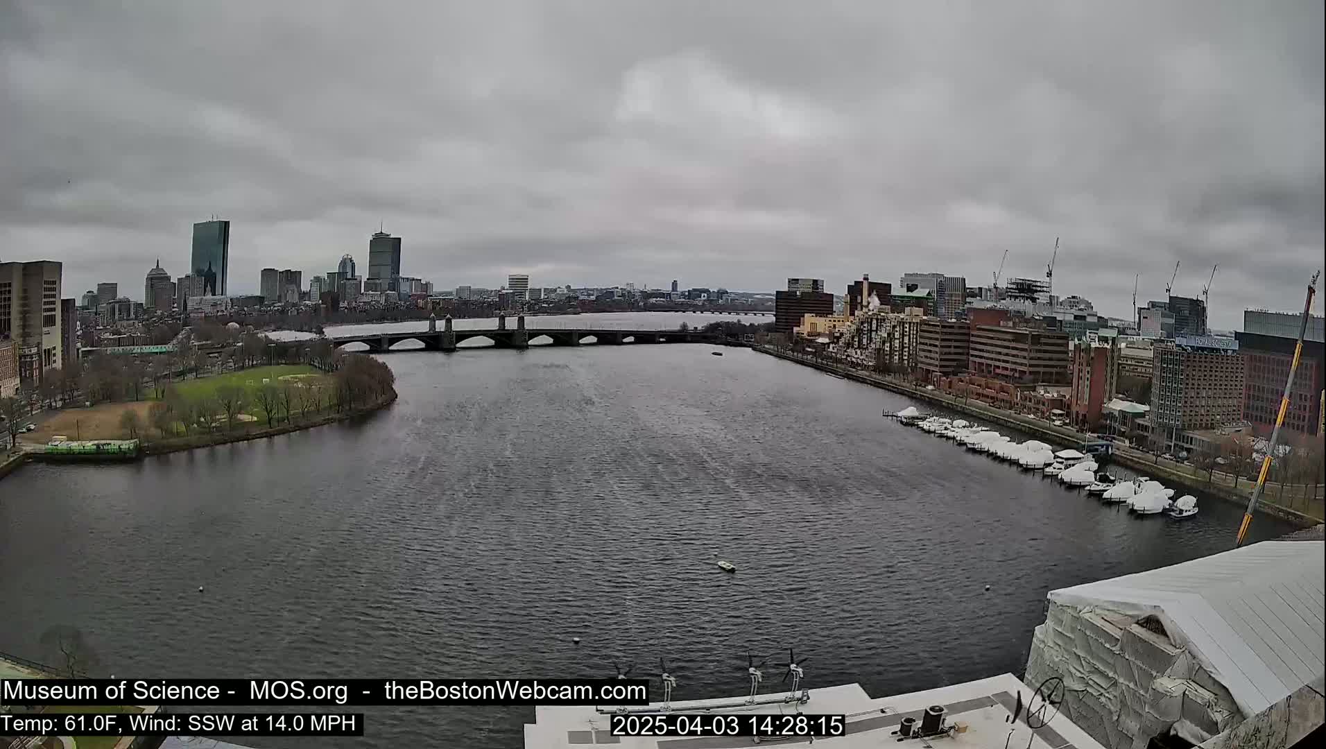 A city skyline is visible across a river under an overcast sky, with boats docked along the riverbank.