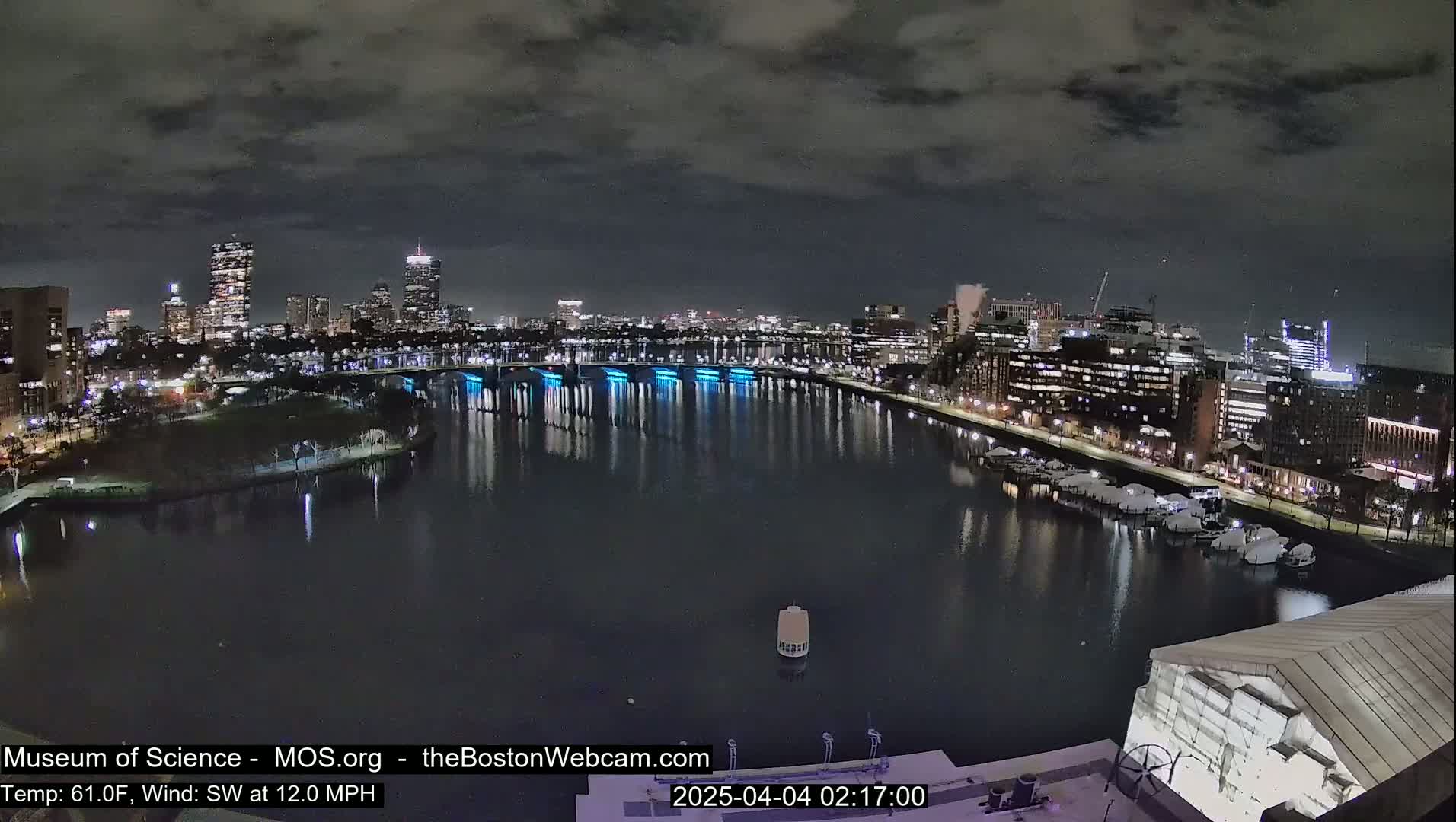 A nighttime view of a city skyline across a dark river, under a cloudy sky, with a southwest wind blowing at 12 mph and a temperature of 61°F.
