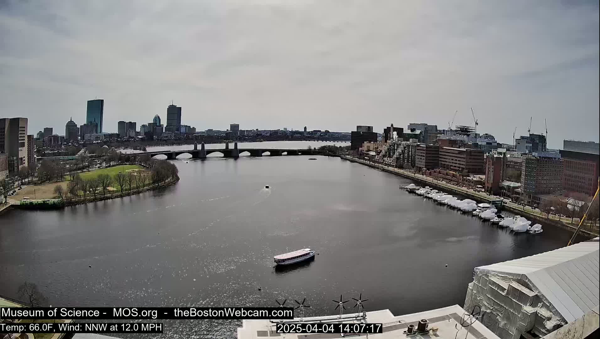 A city skyline is visible across a river with a bridge, boats, and a small island; the weather is partly cloudy with a northwest wind.