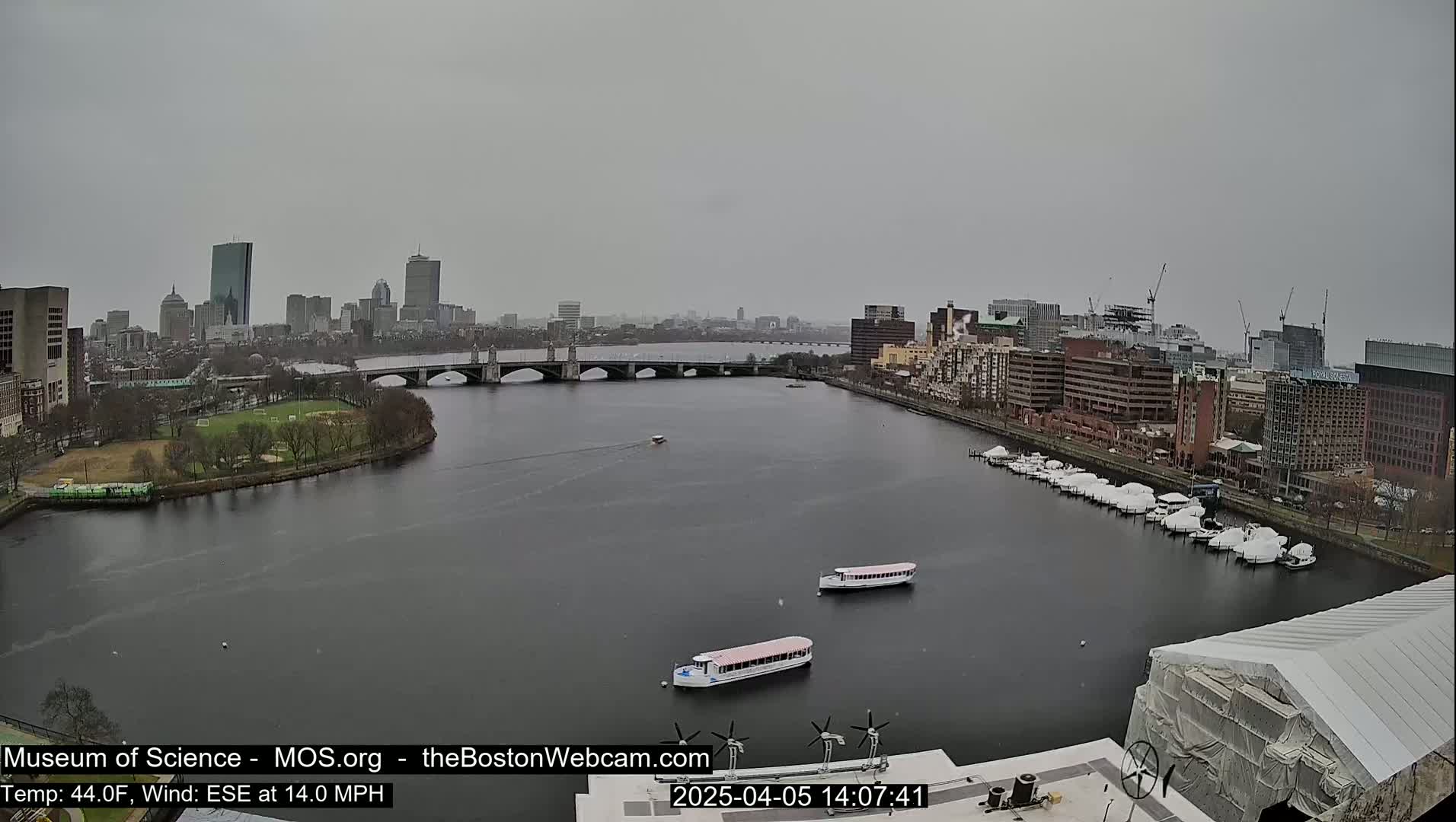 A wide shot of a city skyline across a river on an overcast day, showing a bridge, boats, and docked yachts.