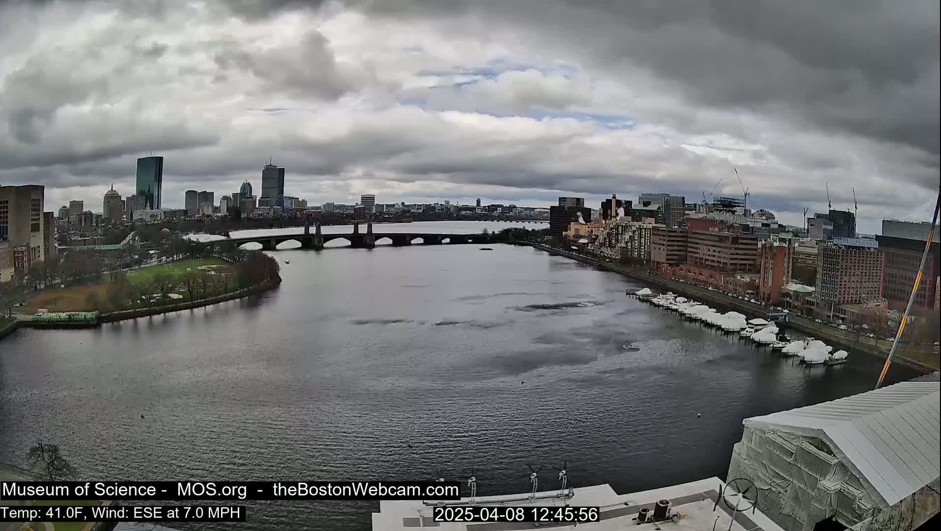 A city skyline and river are visible under an overcast sky, with a bridge spanning the river and boats docked along the shore.