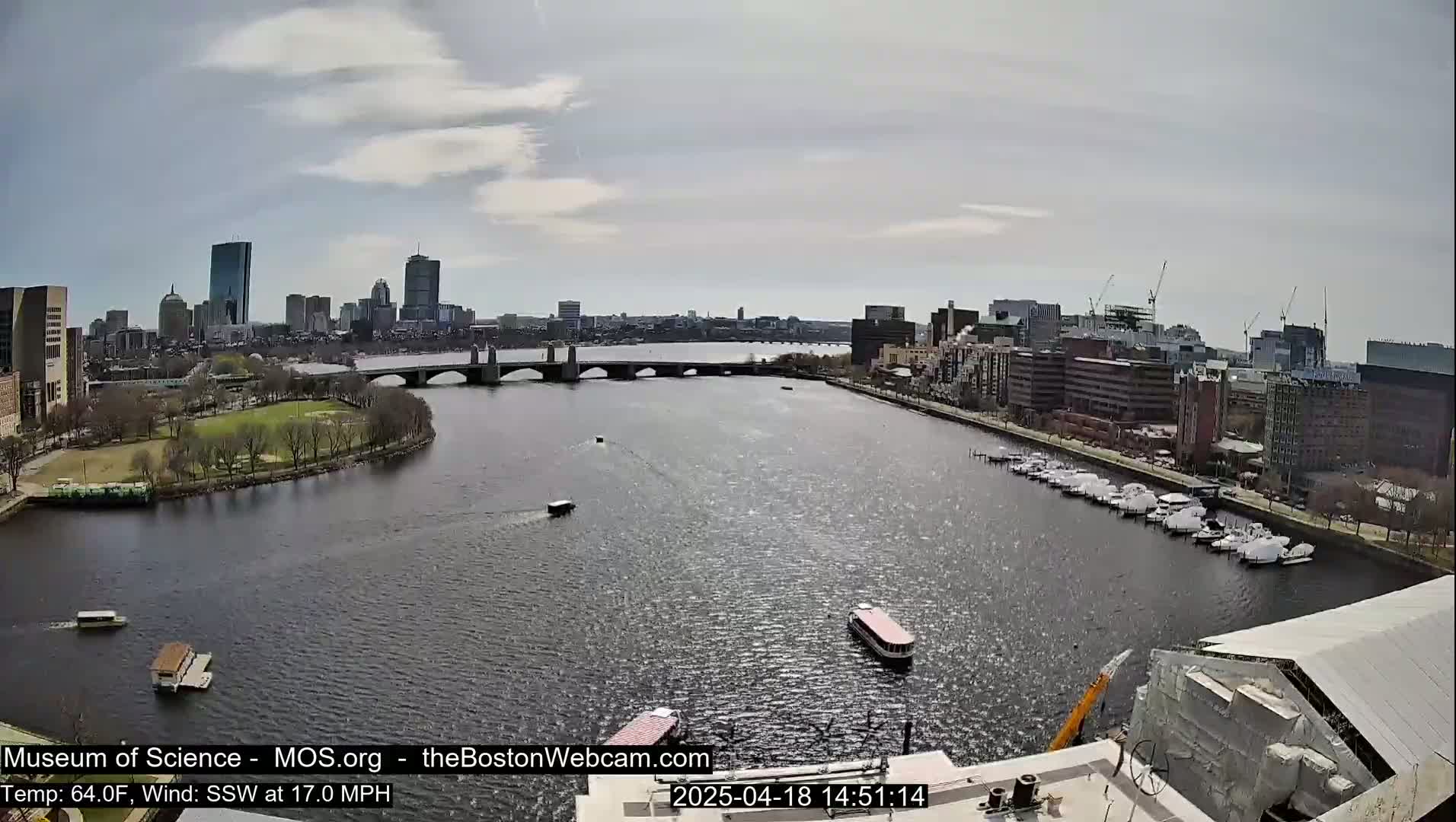 A long shot of a city skyline across a river on a partly cloudy day with a moderate south-southwesterly wind.