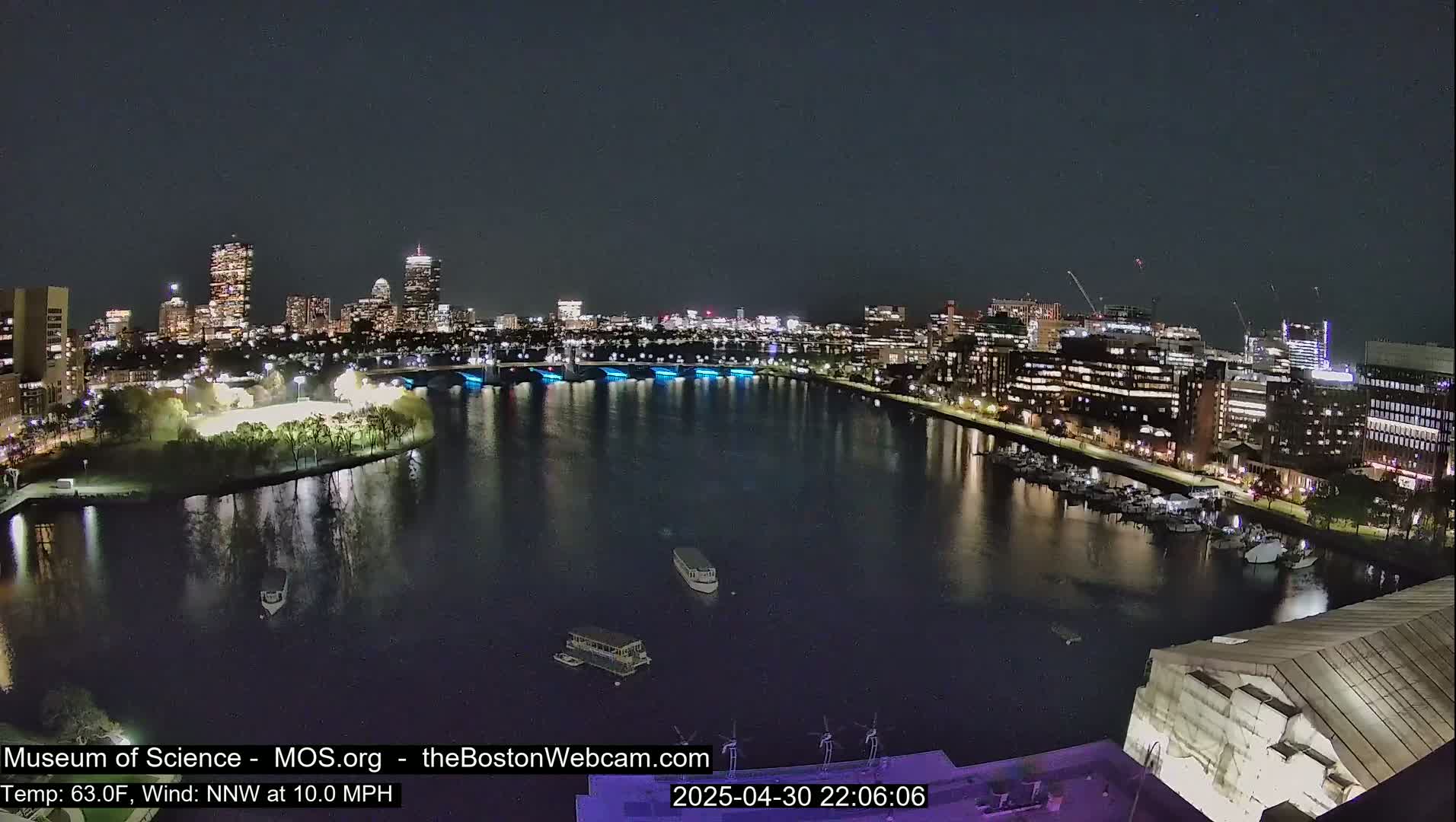 A nighttime view of a city skyline across a calm river, with a few boats on the water and a wind of 10 mph from the northwest.