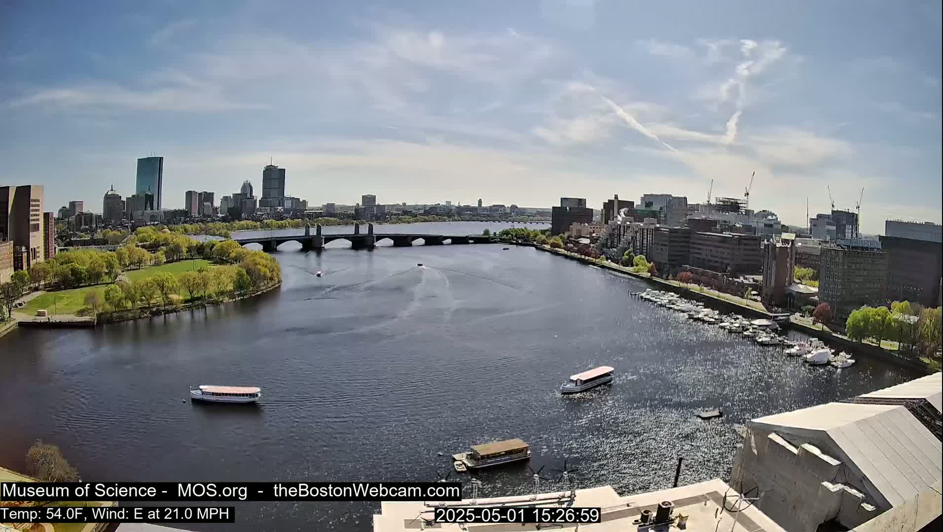 A sunny cityscape with a river, bridge, and several boats is visible under a partly cloudy sky with a strong east wind.