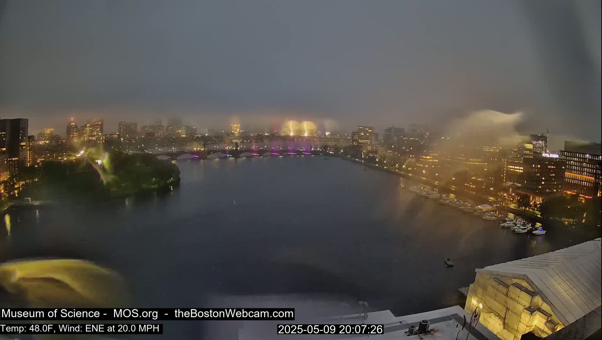A nighttime view of a city skyline across a river during a rain storm with strong winds, showing fireworks over a bridge.