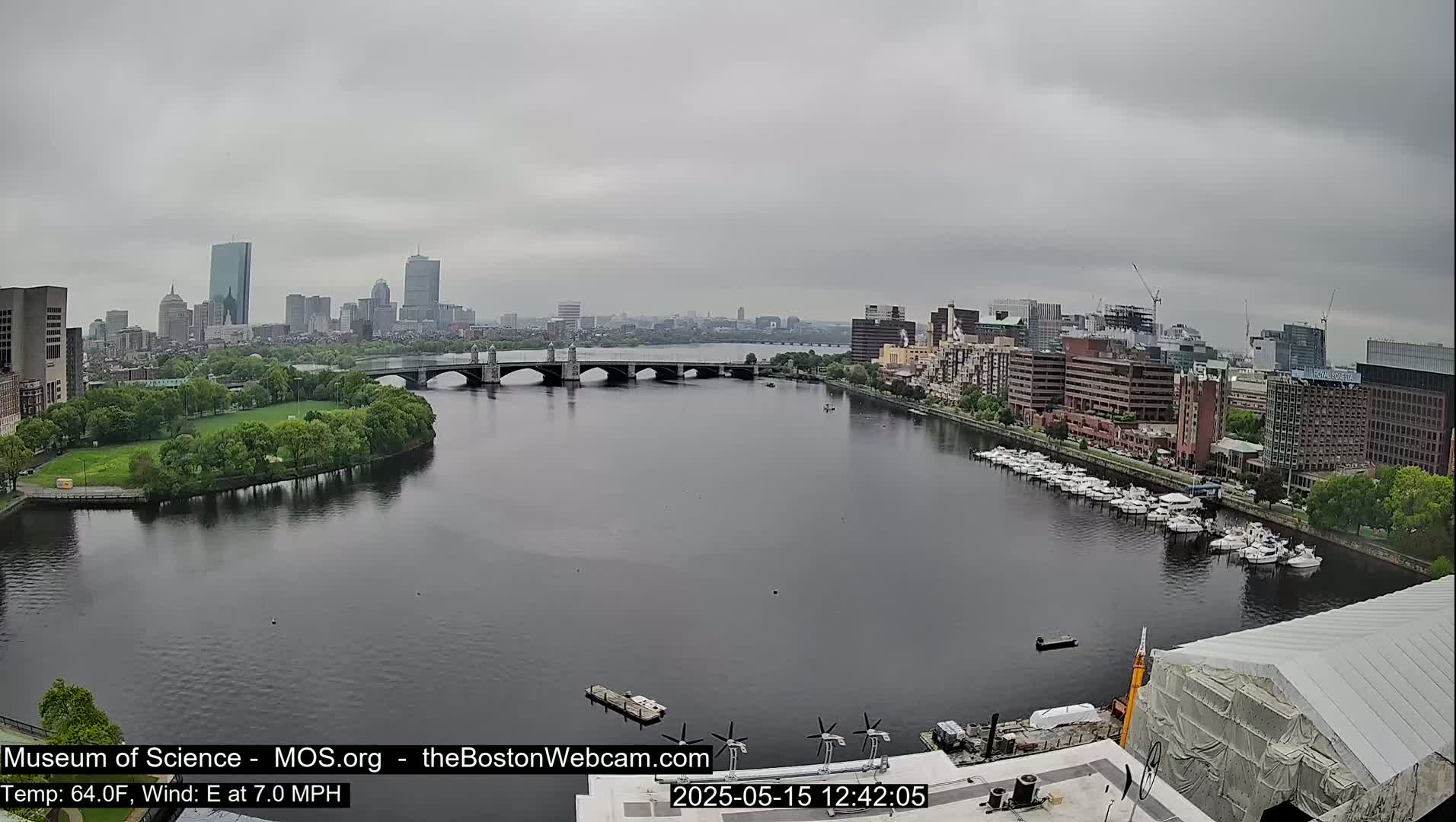 A city skyline is visible across a river on an overcast day, with a bridge spanning the waterway and numerous boats docked along the shore.