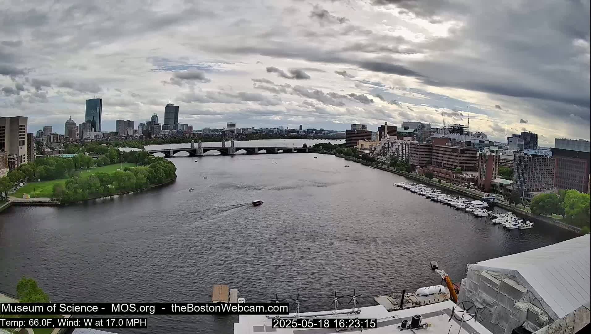 A wide shot of a city skyline across a river with a bridge, under a cloudy sky, with a boat on the water and a marina to the right.