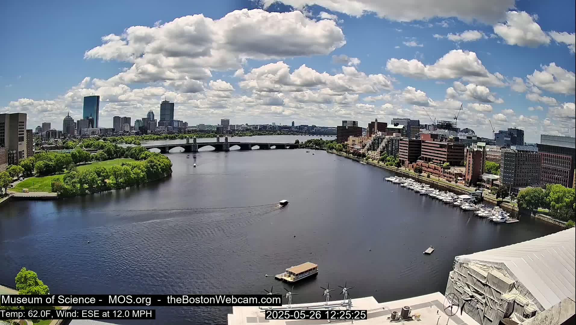 A partly cloudy day shows a city skyline across a river with a bridge and docked boats, under a partly cloudy sky.