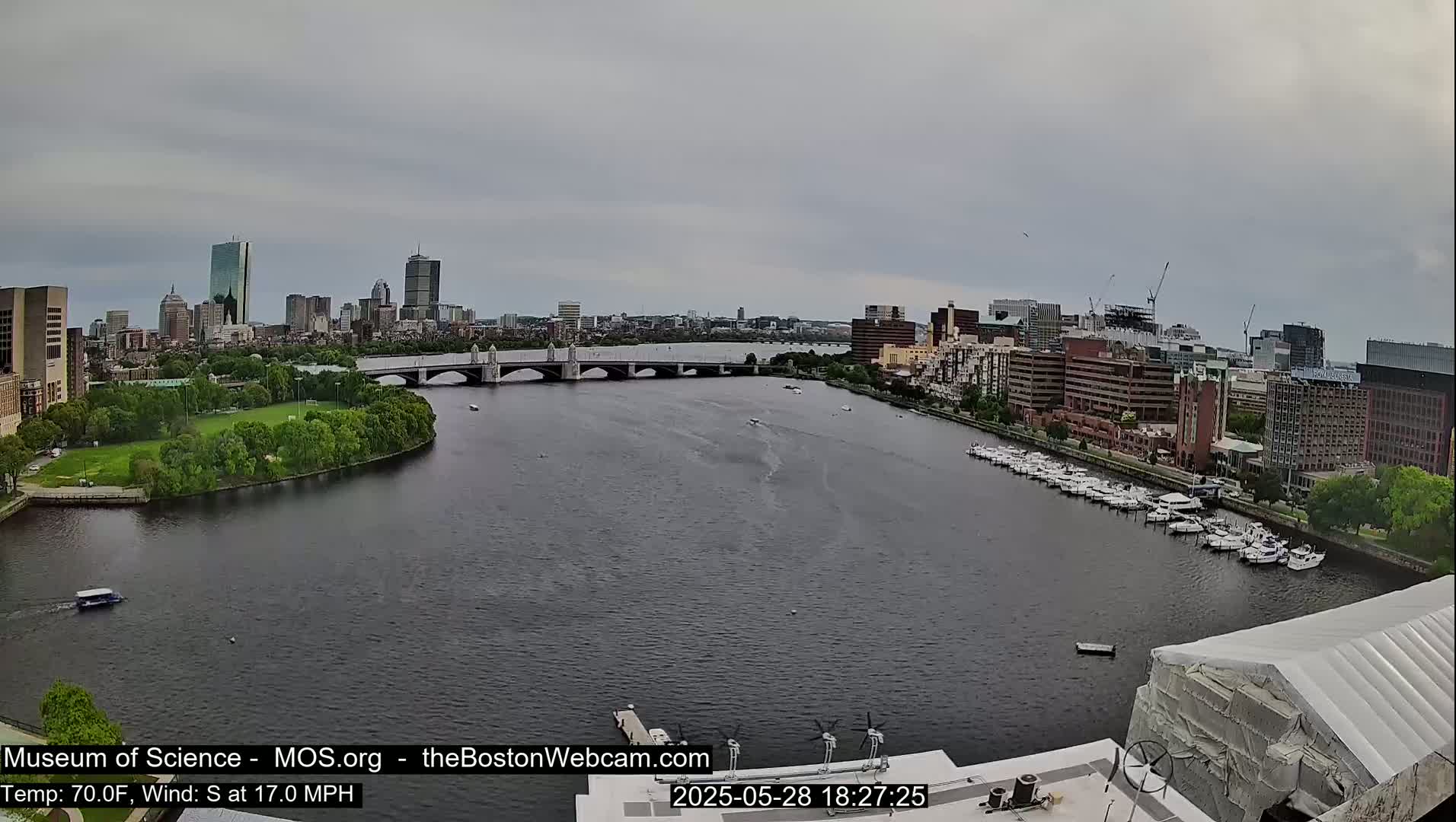 A city skyline with several bridges and a marina is visible across a river under an overcast sky.