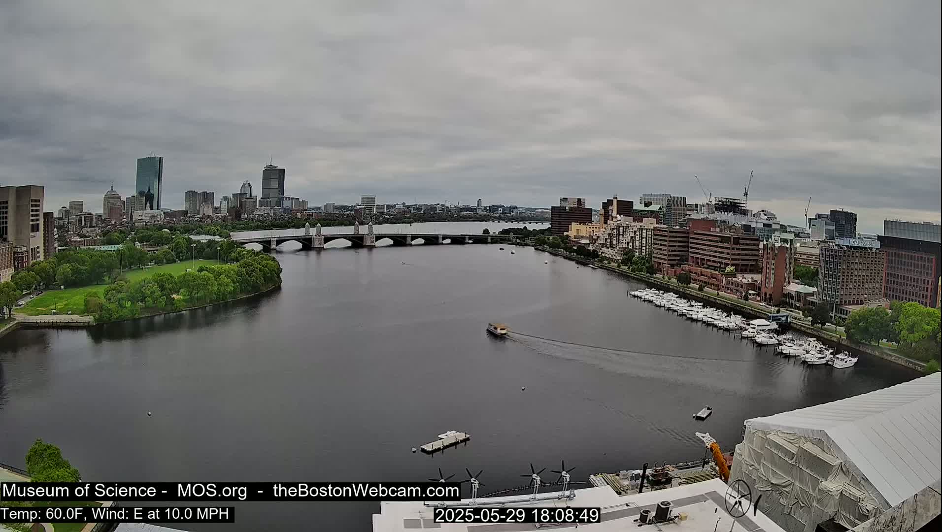 A city skyline is visible across a river with a bridge, under an overcast sky, with a marina and a boat on the water.