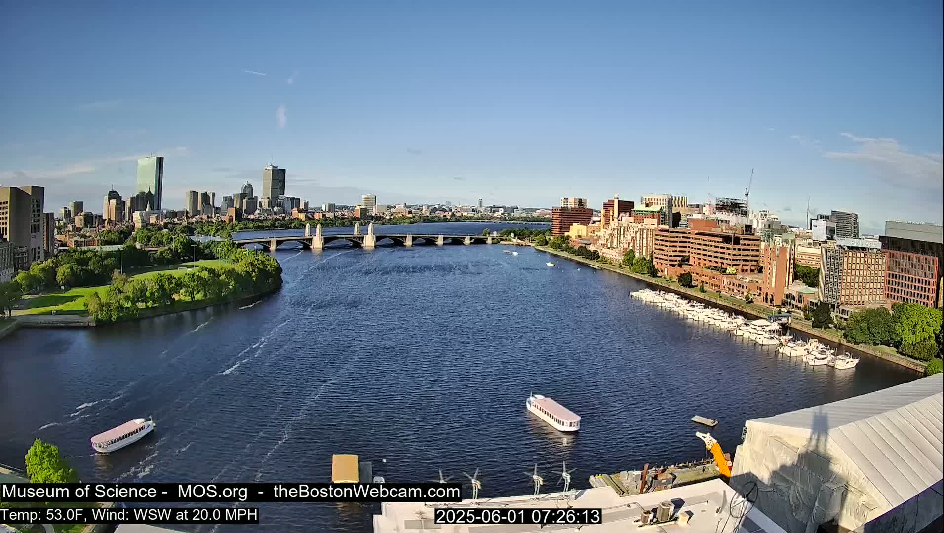 A sunny cityscape with a river, bridges, boats, and docked yachts under a clear blue sky and a 20 mph wind.