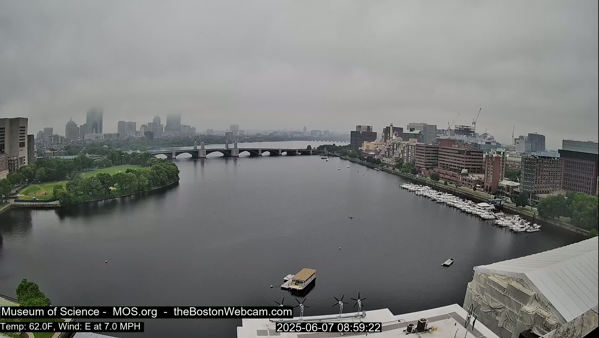 A city skyline is visible across a wide river under an overcast sky, with a bridge spanning the waterway and boats moored along the shore.