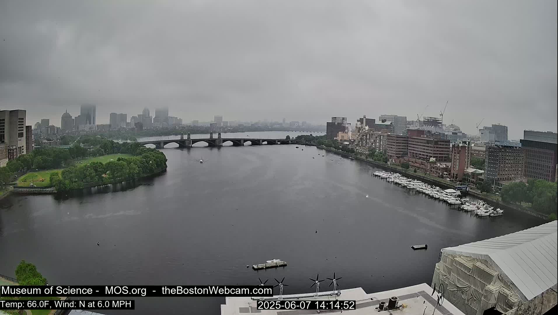 A city skyline is visible across a wide river on an overcast day, with a bridge connecting the foreground to the background.