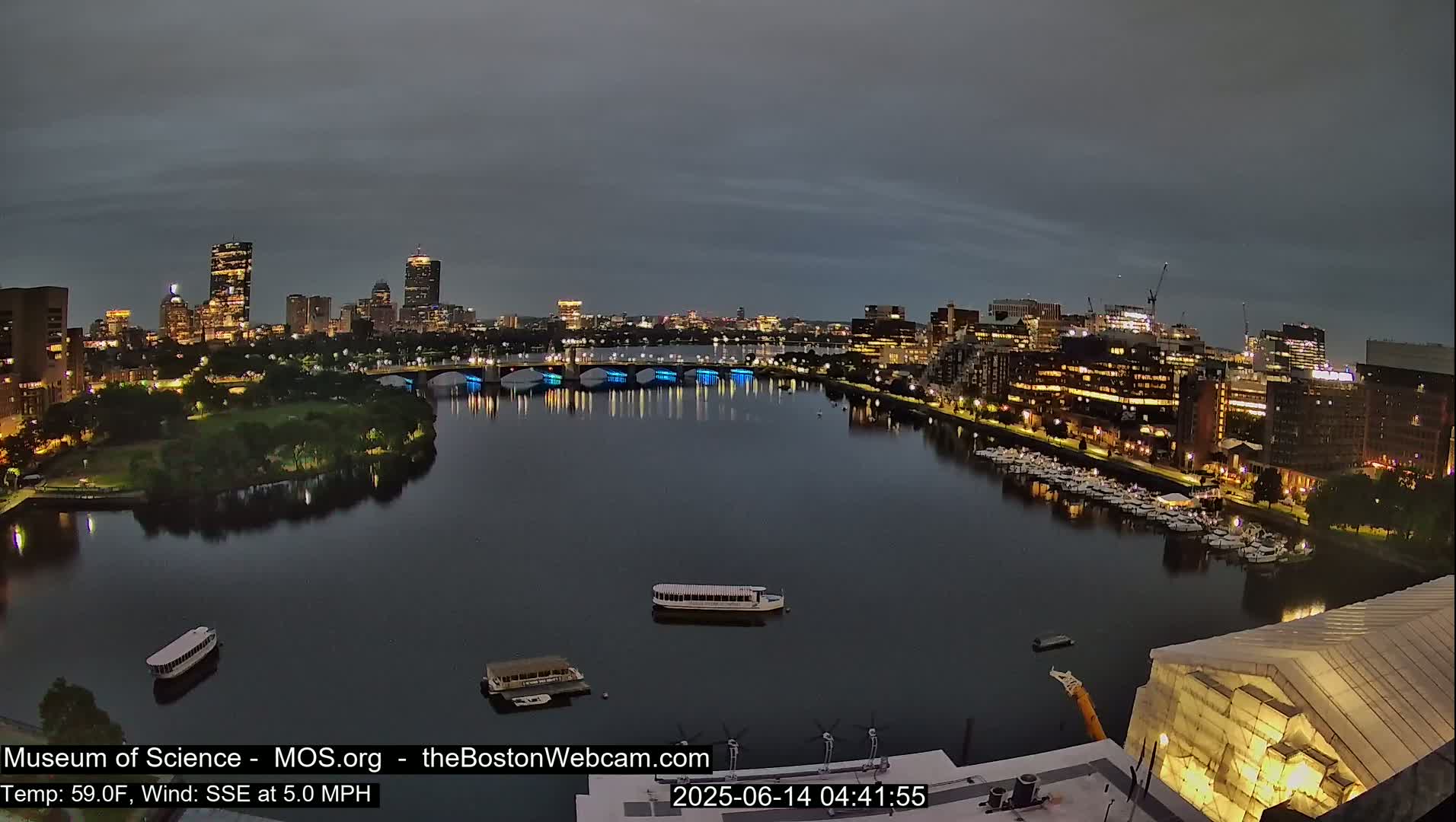 A nighttime view of a city skyline across a calm river, with a few boats on the water under a cloudy sky.