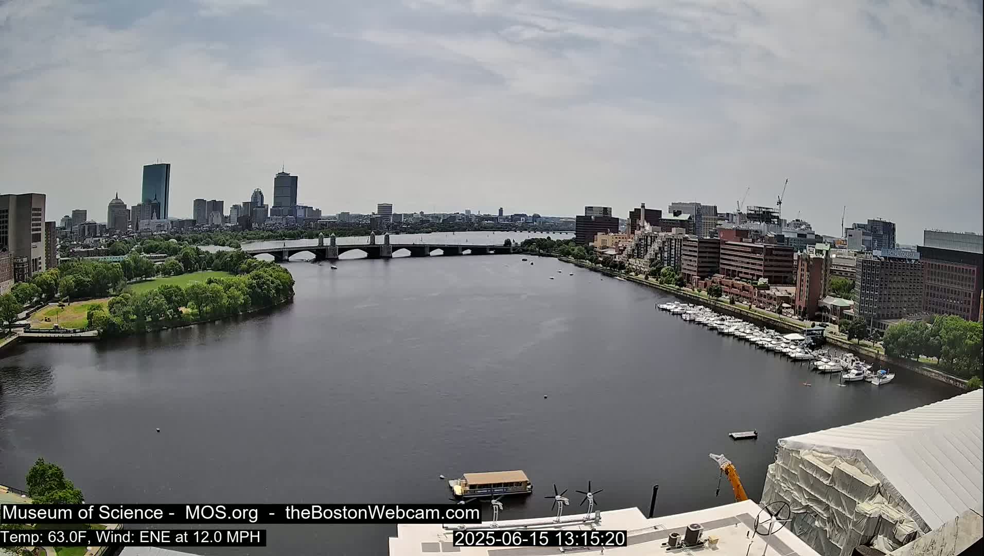 A wide shot of a city skyline across a river with a bridge, boats docked along the shore, and a partly cloudy sky.