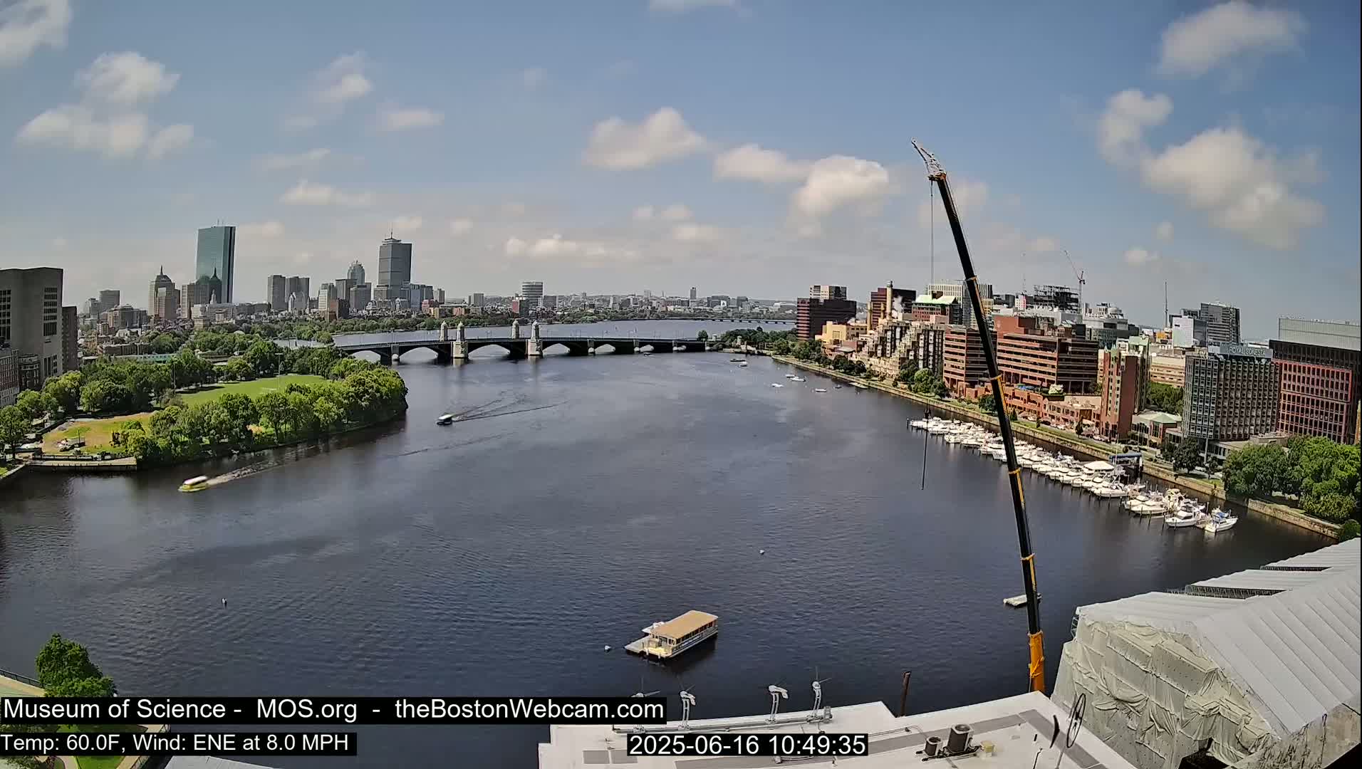 A city skyline with a bridge spanning a river, featuring boats and a large crane, on a partly cloudy day with an 8 mph east-northeast wind.