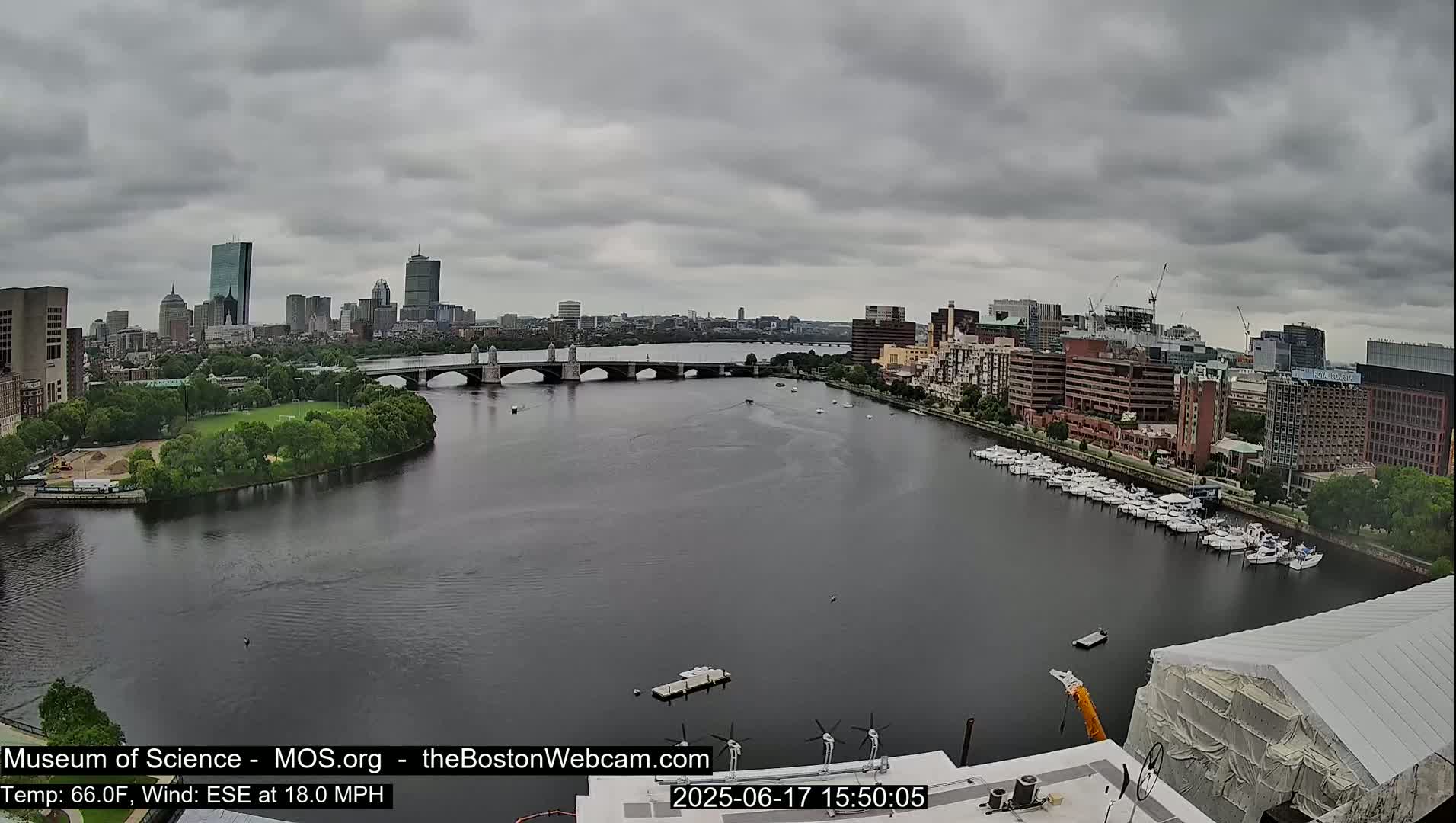 A city skyline is visible across a wide river under an overcast sky, with a bridge in the mid-ground and numerous boats docked along the riverbank.