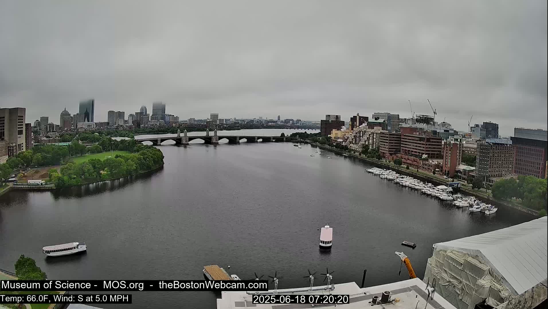 A river scene under an overcast sky shows a city skyline in the distance, a bridge spanning the river, a marina with several boats, and a tour boat on the water.