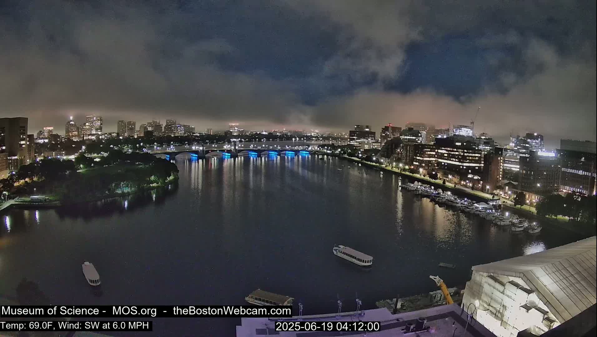 A nighttime view of a city skyline across a calm river, under a partly cloudy sky.