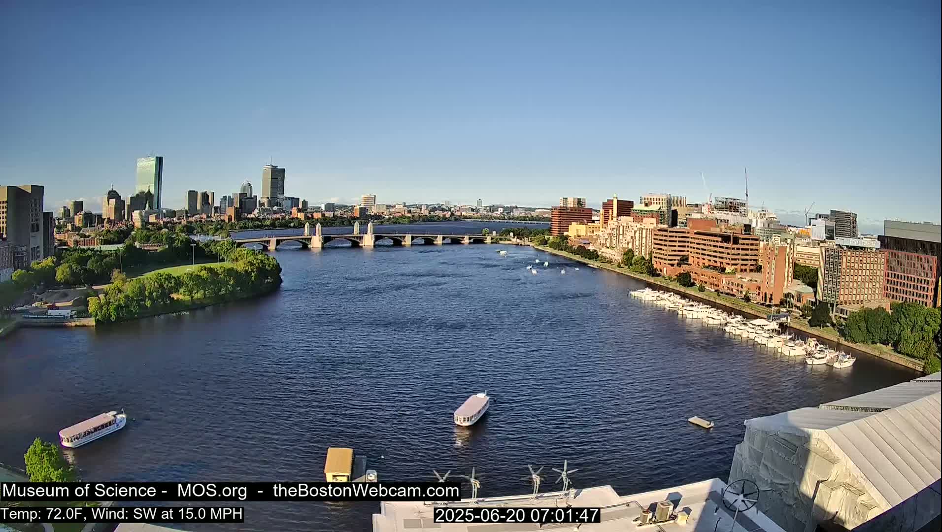 A wide shot of a city skyline across a river under a clear blue sky, with several boats on the water and a bridge in the mid-ground, in a 15 mph southwest wind at 72 degrees Fahrenheit.