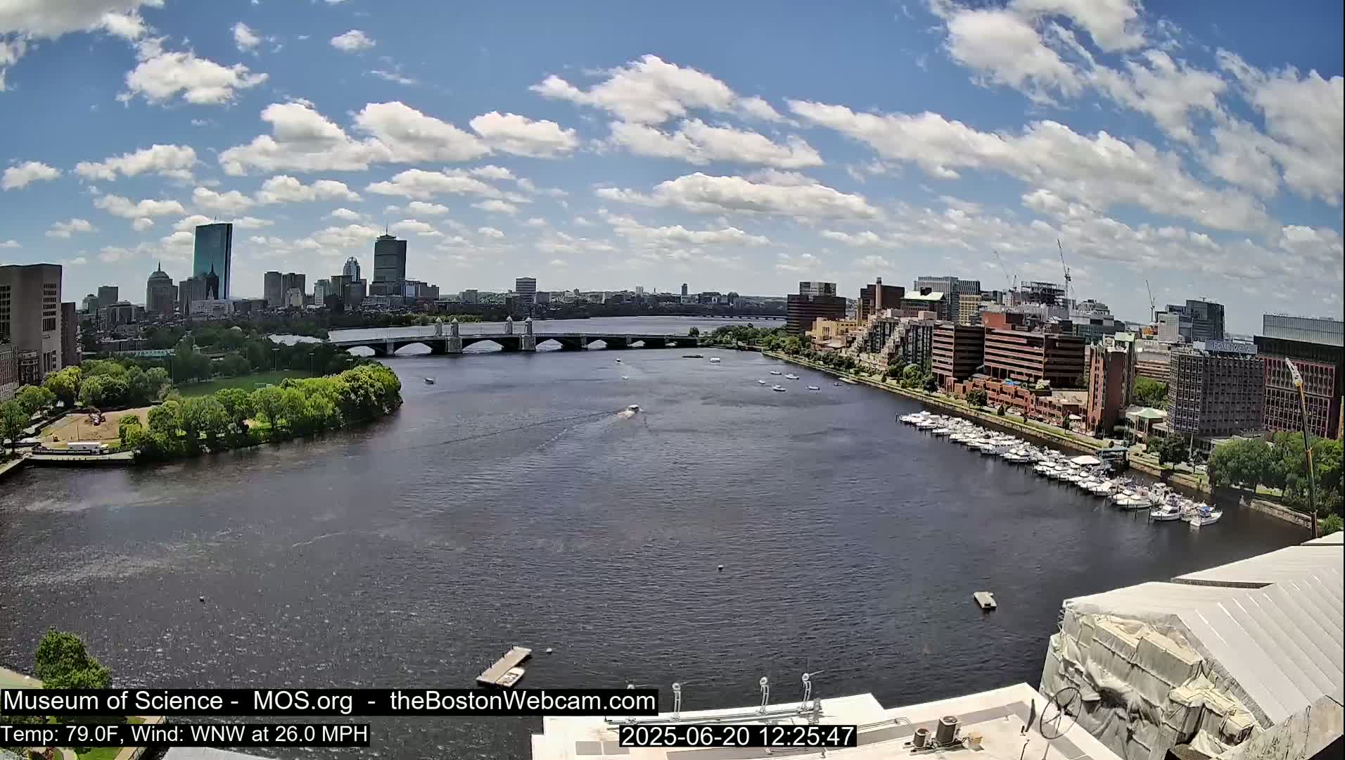 A partly cloudy summer day shows a wide river with boats, a bridge, and a cityscape in the background.