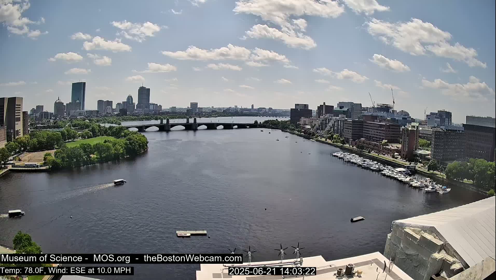 A city skyline is visible across a body of water under partly cloudy skies, with a bridge, boats, and green parkland in the foreground.