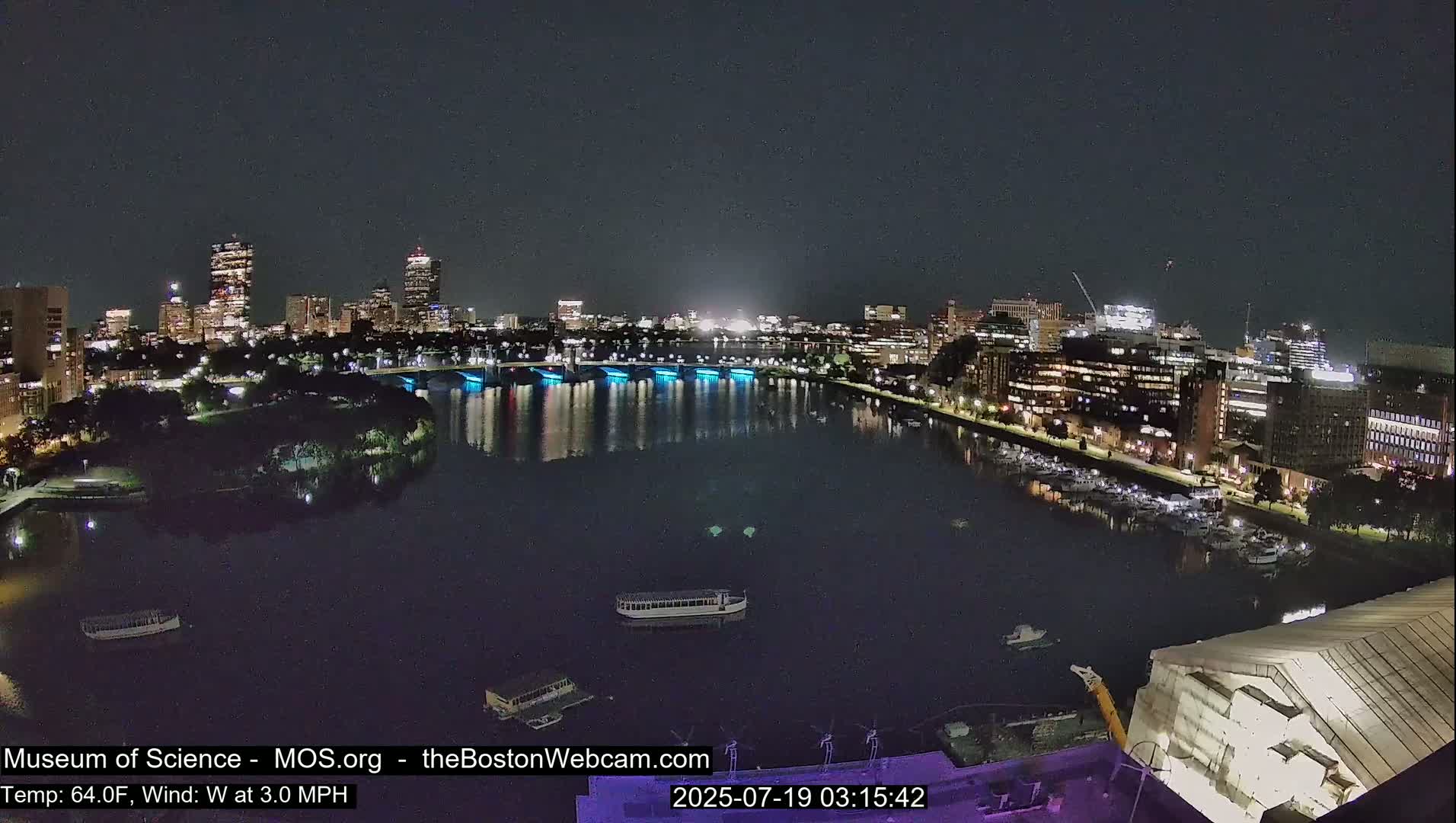 A nighttime view of a city skyline across a calm river, with a gentle west wind.