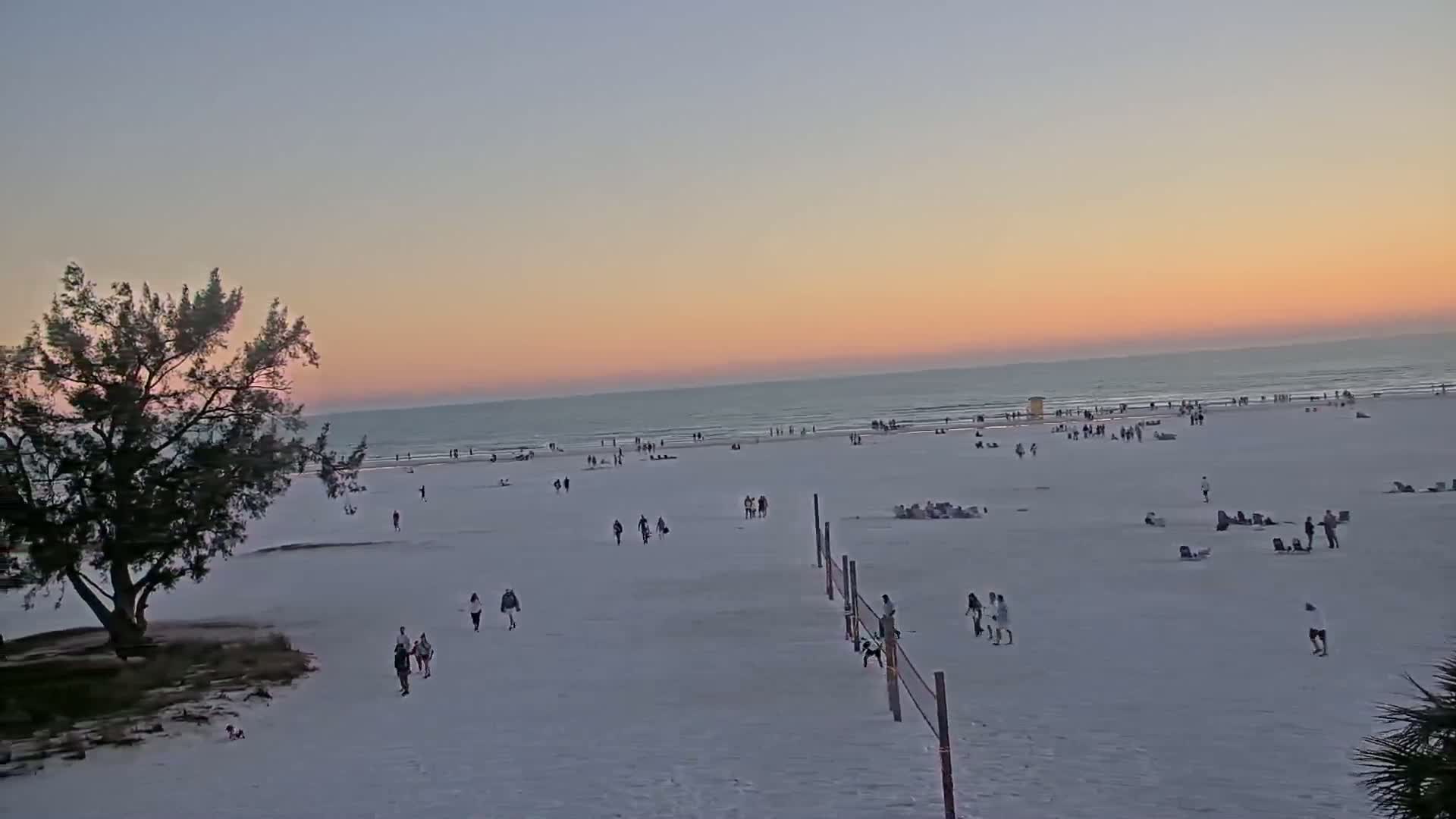A wide, sandy beach at sunset, sparsely populated with people, features a volleyball net and a lone tree in the foreground.