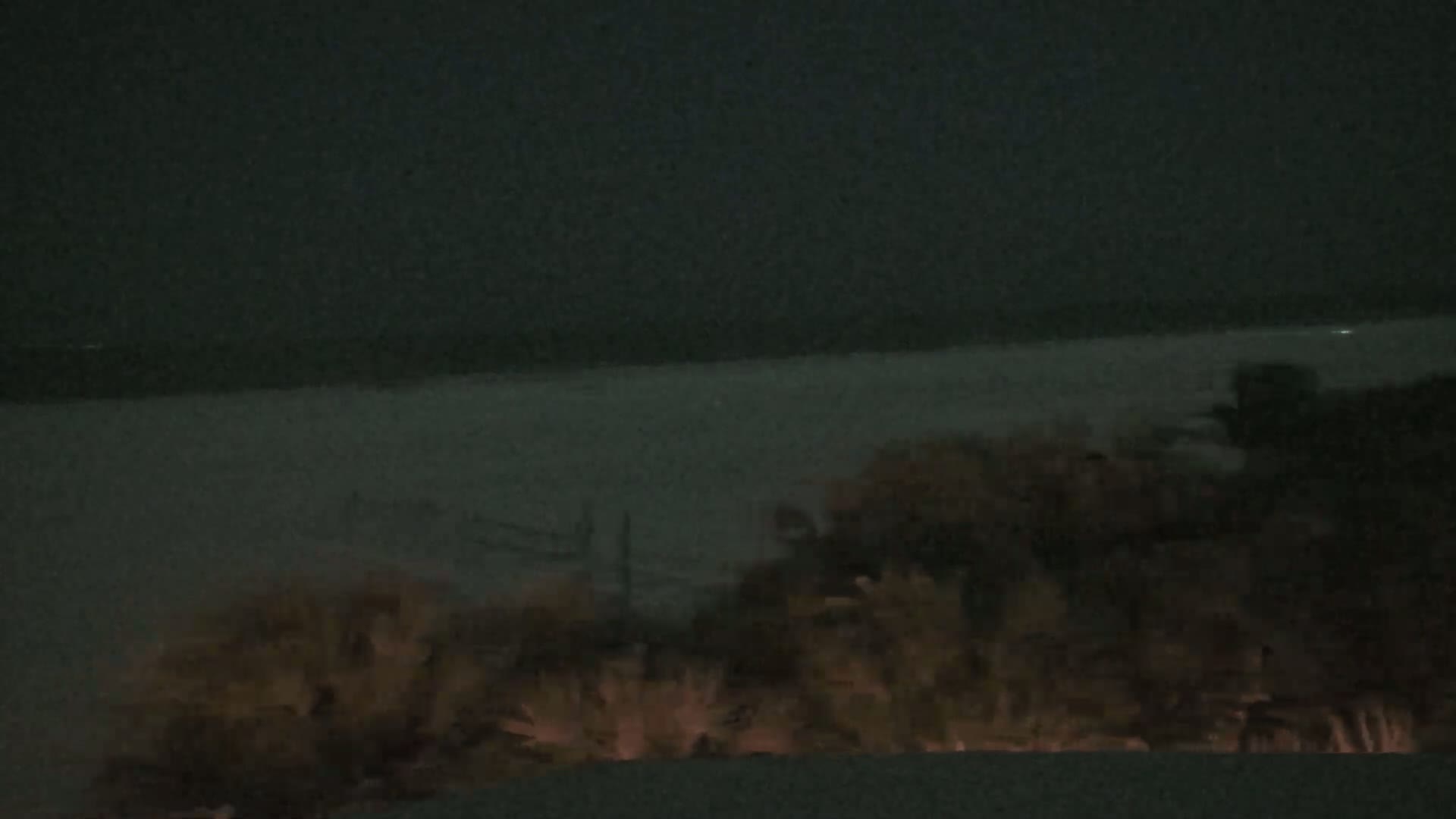 A nighttime view shows a snow-covered expanse stretching to a dark horizon, with dimly lit vegetation in the foreground.