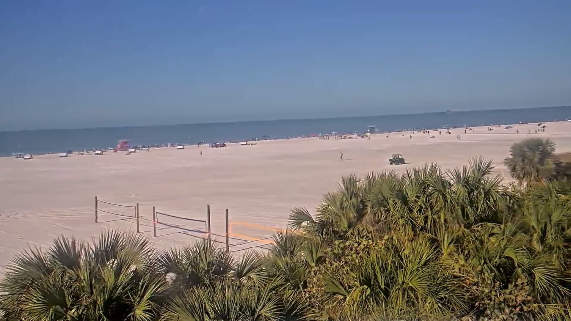A wide sandy beach with a few people and vehicles, under a clear blue sky, is partially obscured by palm trees in the foreground.
