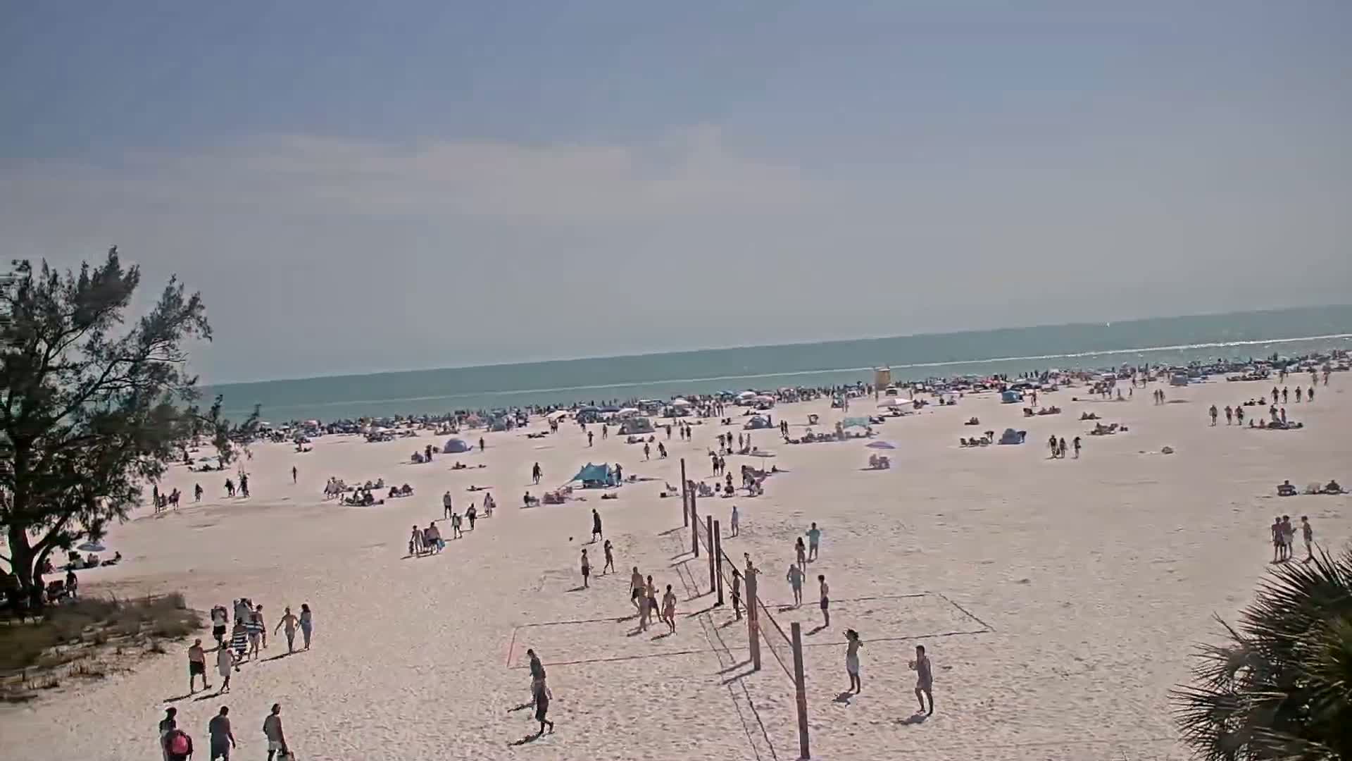 A crowded beach with people sunbathing, swimming, and playing volleyball under a clear, sunny sky.