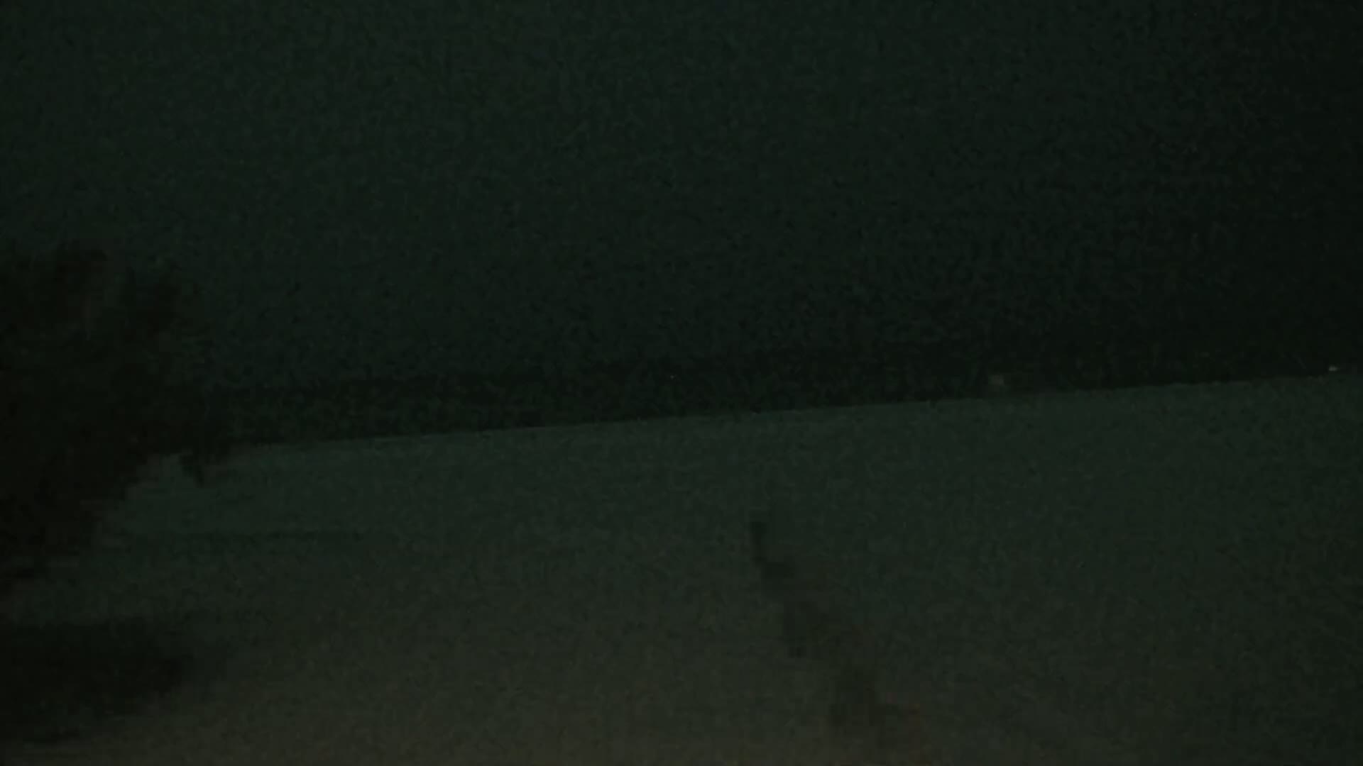 A dark, nighttime scene shows a mostly flat, dark surface extending to a dark horizon under a dark sky.