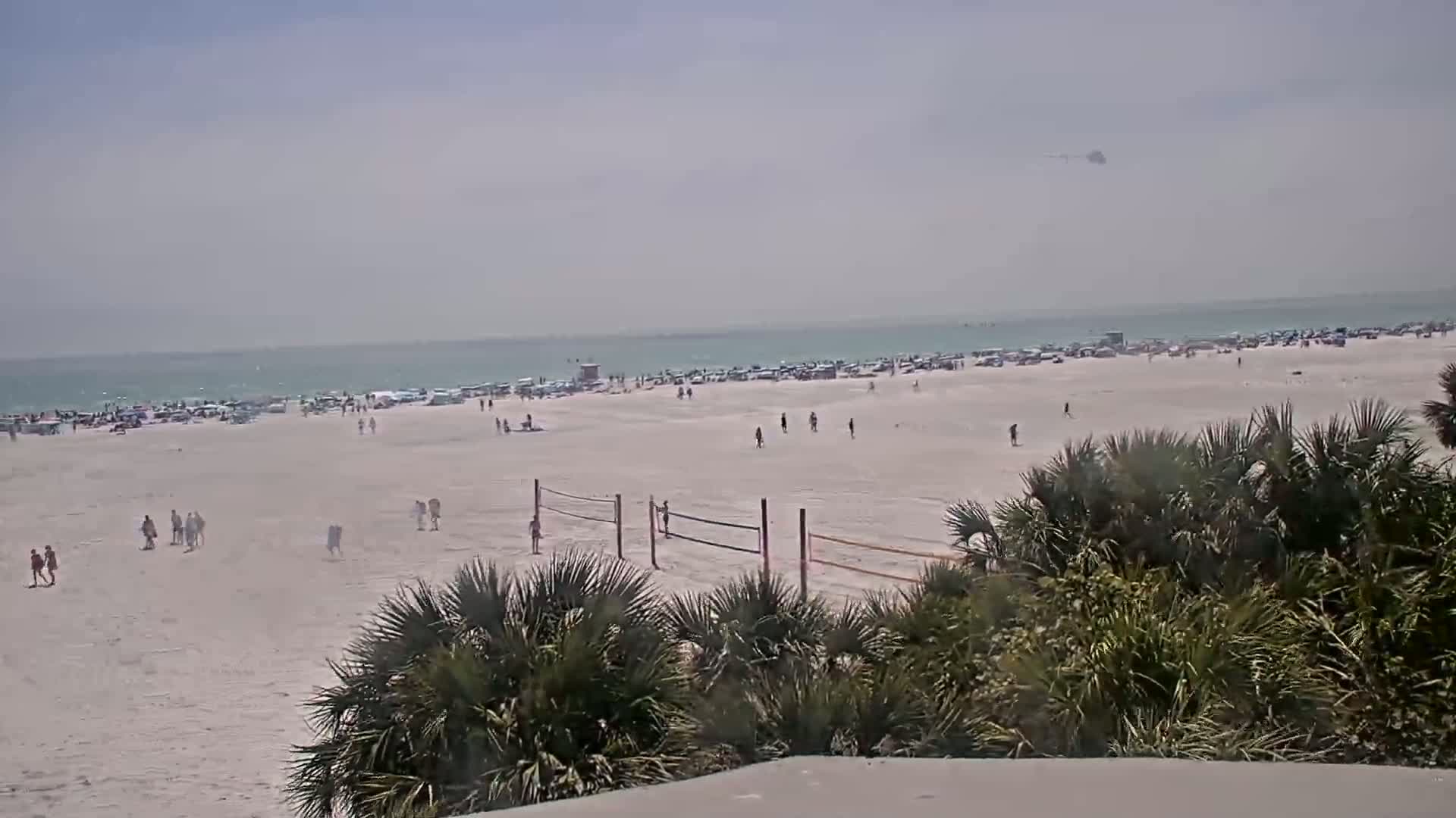 A hazy beach scene shows a wide expanse of white sand with scattered people and parked cars near the water, a volleyball net in the mid-ground, and palm trees in the foreground.