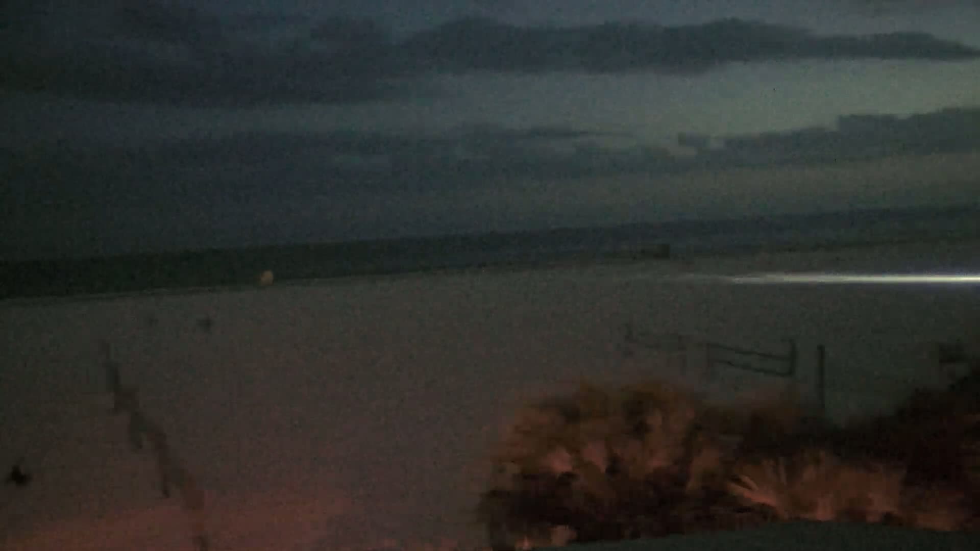A dark, overcast night scene shows a beach with a calm ocean in the distance and vegetation in the foreground.