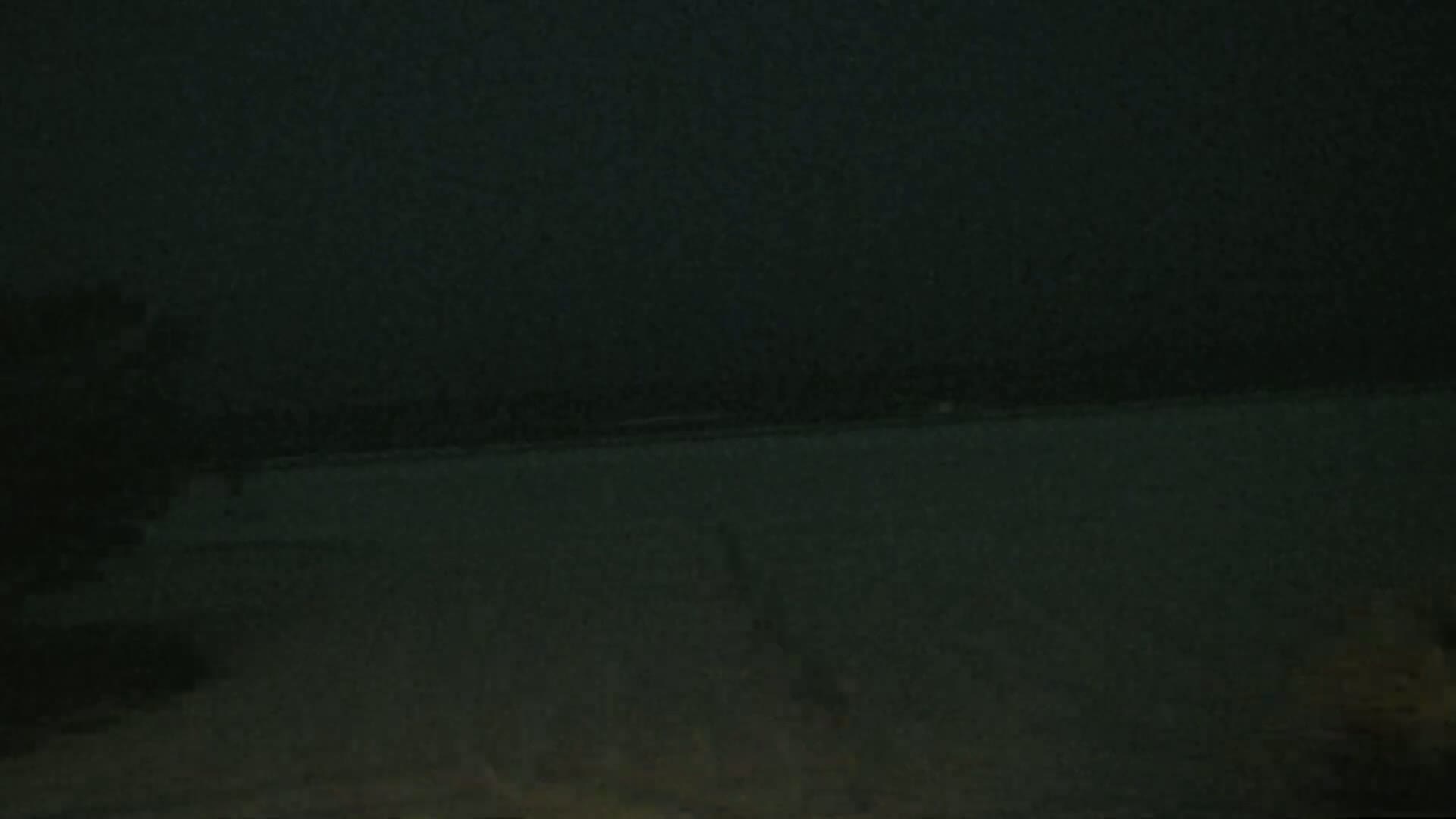 A dark, nighttime scene shows a flat expanse of land or water under a very dark sky.