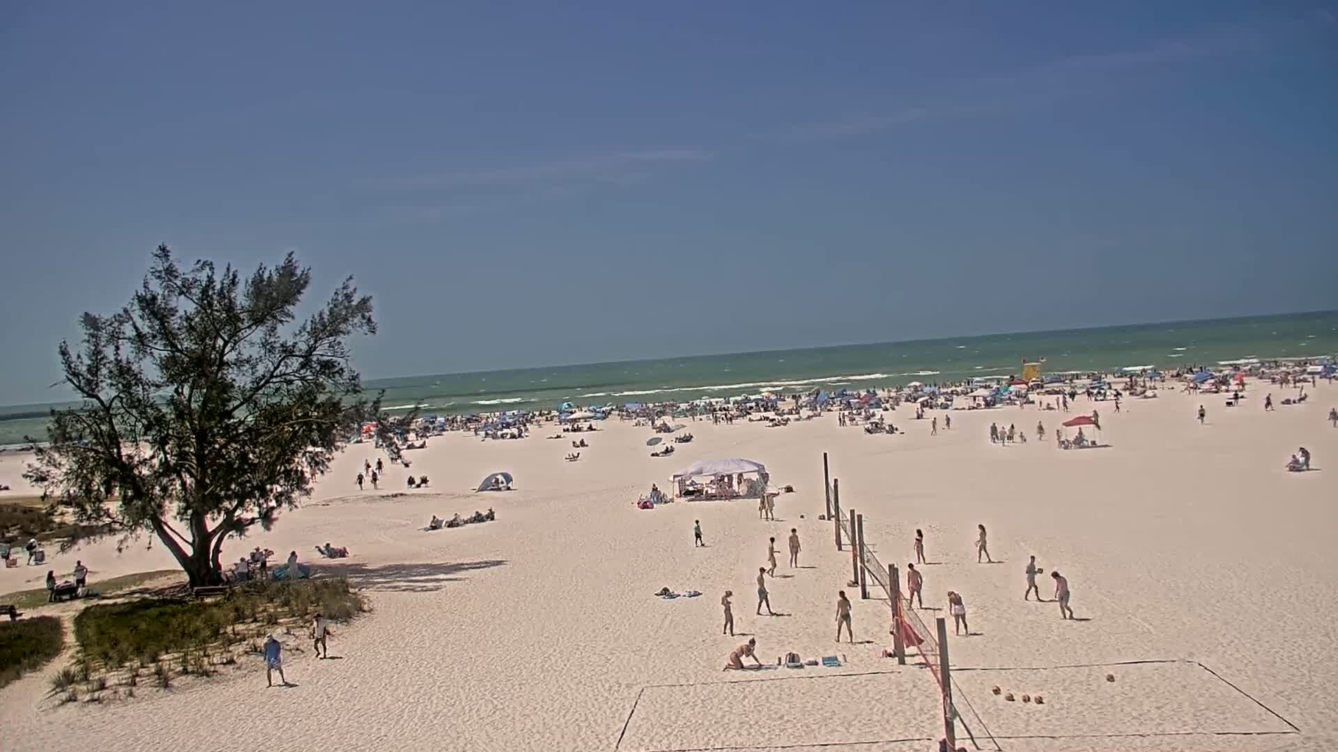A sunny day at a crowded beach shows people sunbathing, playing volleyball, and swimming in the ocean with some small waves.