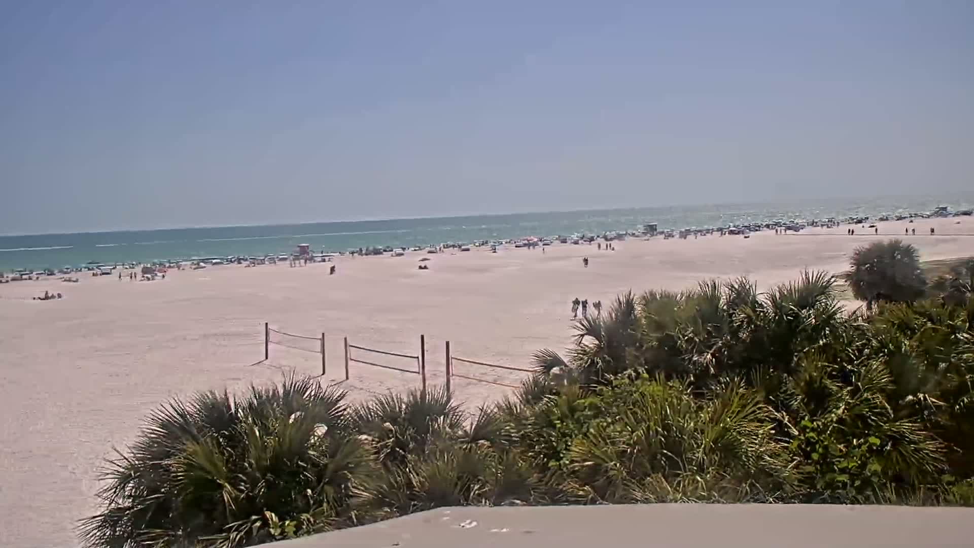 A mostly sunny day at a beach shows a wide expanse of light-colored sand with many people scattered across it, some cars parked near the water, and a volleyball net, all viewed from behind a row of palm trees and other vegetation.