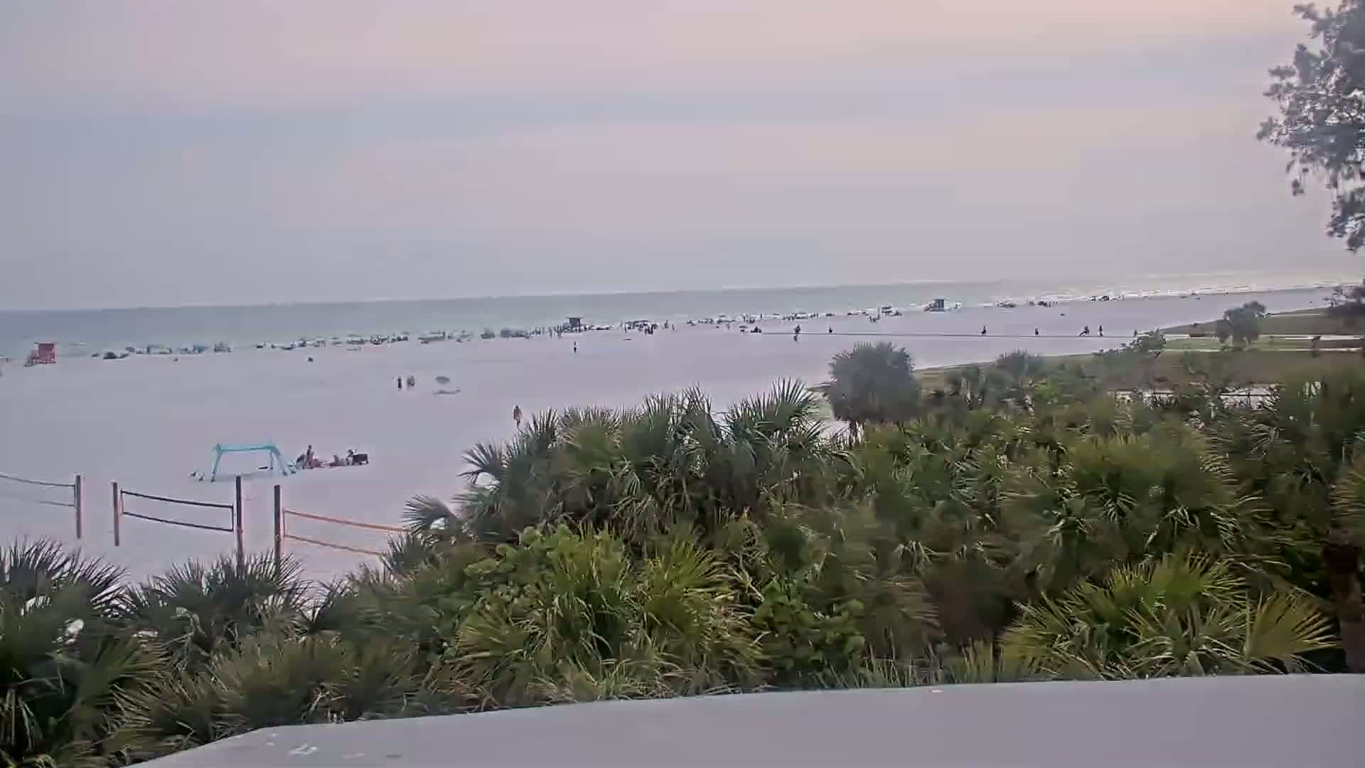 A wide, sandy beach with scattered people, volleyball nets, and palm trees in the foreground, under an overcast sky and calm ocean.